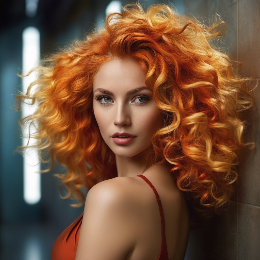 Generate hyper realistic image of a scene where a blond haired woman with fiery curls strikes a charismatic pose in a hallway. She radiates confidence, her magnetic presence enhanced by the aromatic allure .