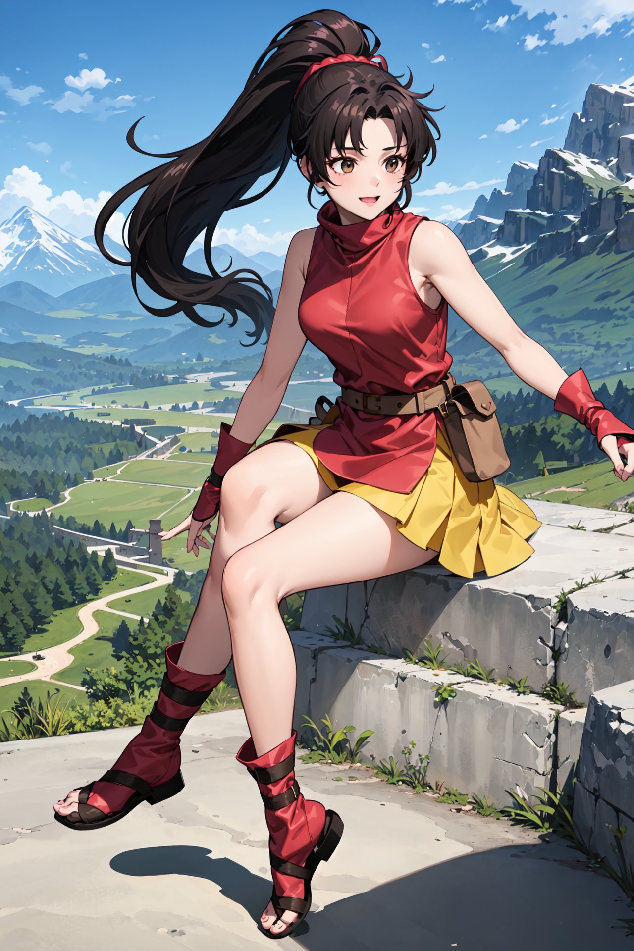 intense angle,touching toes,happy<lora:laraV1:0.8>, thi_lara,sleeveless, toeless footwear, skirt, belt, bare shoulders,ankle wrap,turtleneck,bridal gauntlets, fingerless gloves, dress, wristband,outdoors,mountain,(masterpiece, best quality, ultra-detailed, best shadow) 