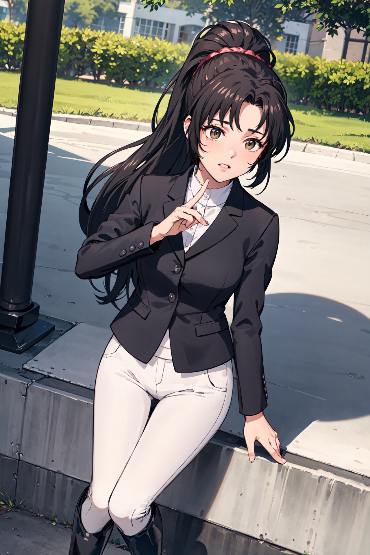 finger gun,intense angle,envy, <lora:laraV1:0.9>, thi_lara,helmet, black footwear,white pants, black jacket,outdoors,horse,(masterpiece, best quality, ultra-detailed, best shadow) ,<lora:riding_outfit:1>,joubafuku