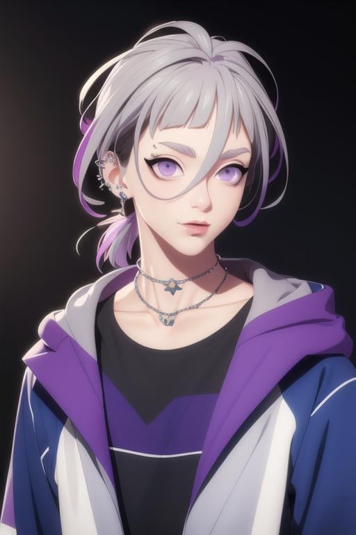(best quality:1.1), (masterpiece:1.4), sketch, , upper body, , anime coloring, (semi-realistic:1.4), 1boy, solo, male focus, <lora:ryuu_natsume:0.84>, ryuu_natsume, grey hair, purple eyes, multicolored hair, , , , piercing, , , social science fiction, HDR
