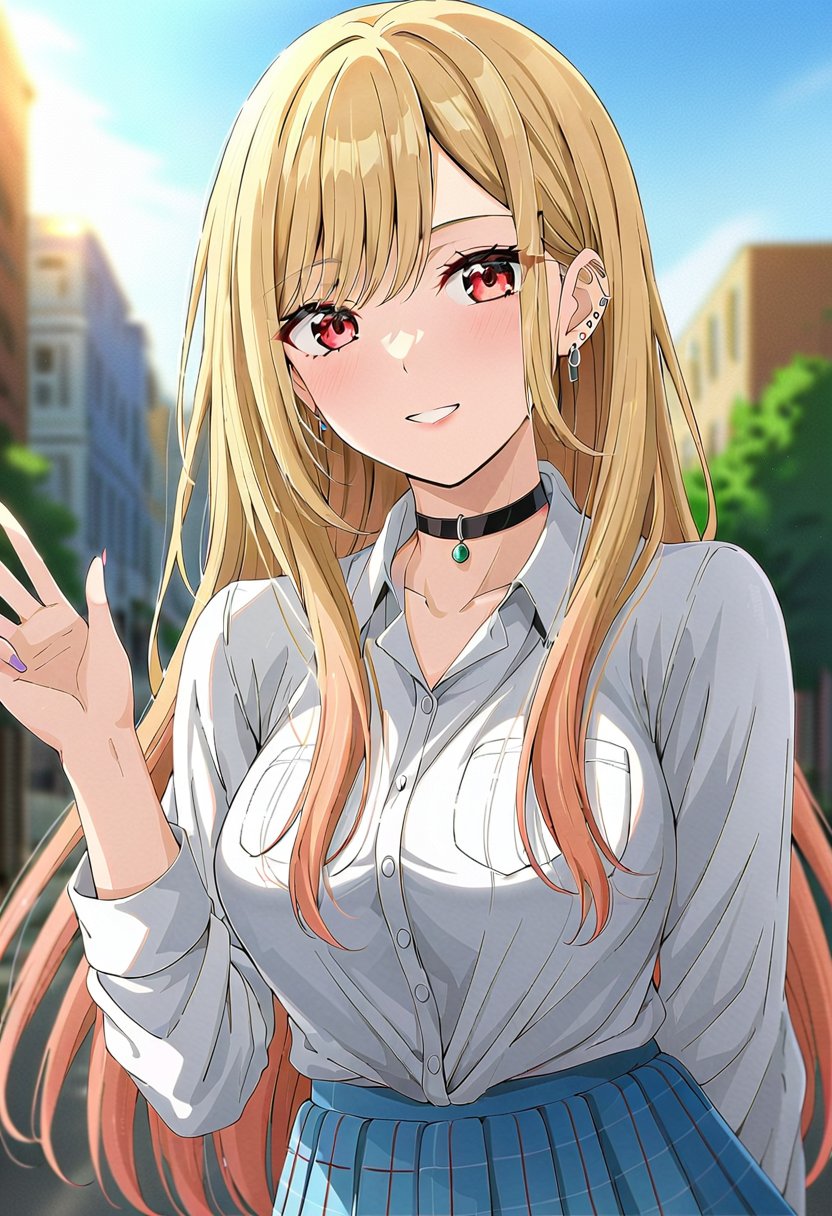 ((masterpiece, best quality)), (ultra detailed, extremely detailed, high resolution), (colorful, anime art style, soft light), highly detailed, detailed background, 8k, UHD, high budget, (cute 1girl in city street, selfie), (Kitagawa Marin), ((perfect hands)), (perfect eyes), (beautiful face), (choker, white shirt, blue skirt, stockings), (long hair), blonde hair, (red eyes), earrings with jewels, tattoos, (posing),Kitagawa Marin