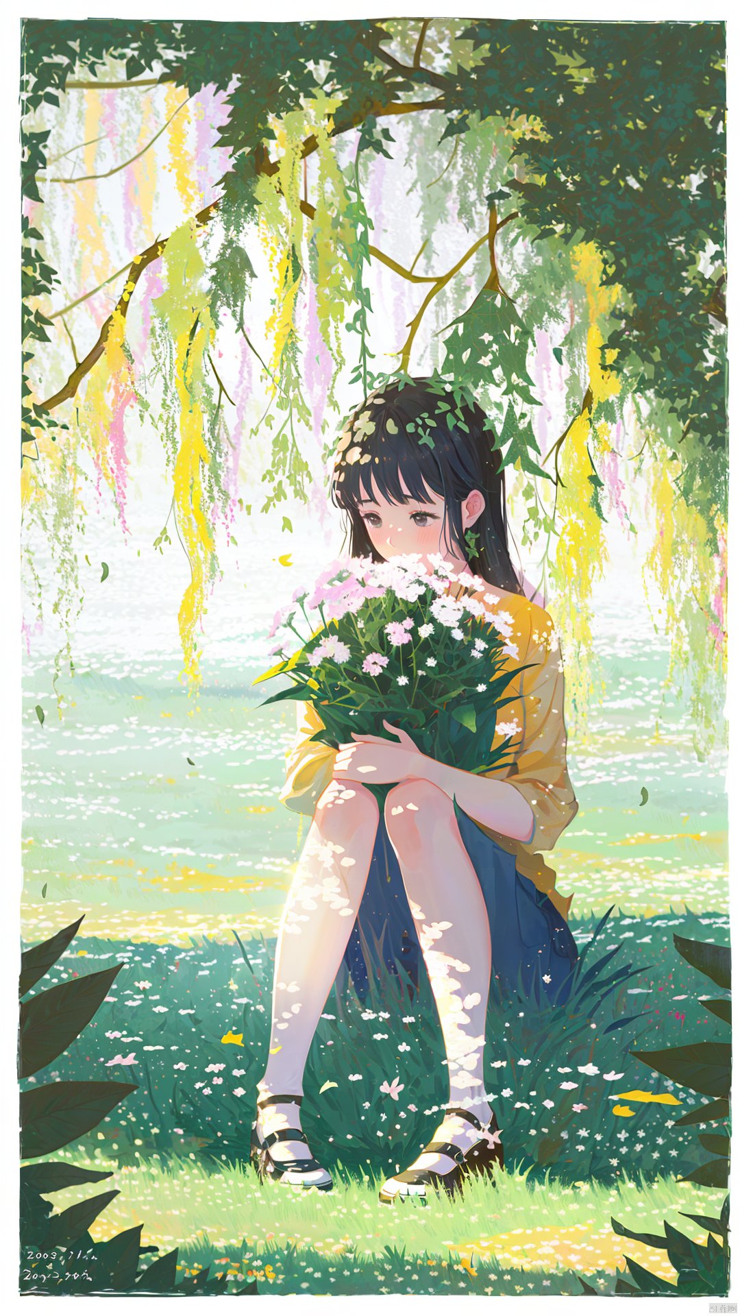  1girl, solo, flower, leaf, plant, knees up, sitting, black hair, long hair, holding flower, bangs, dated