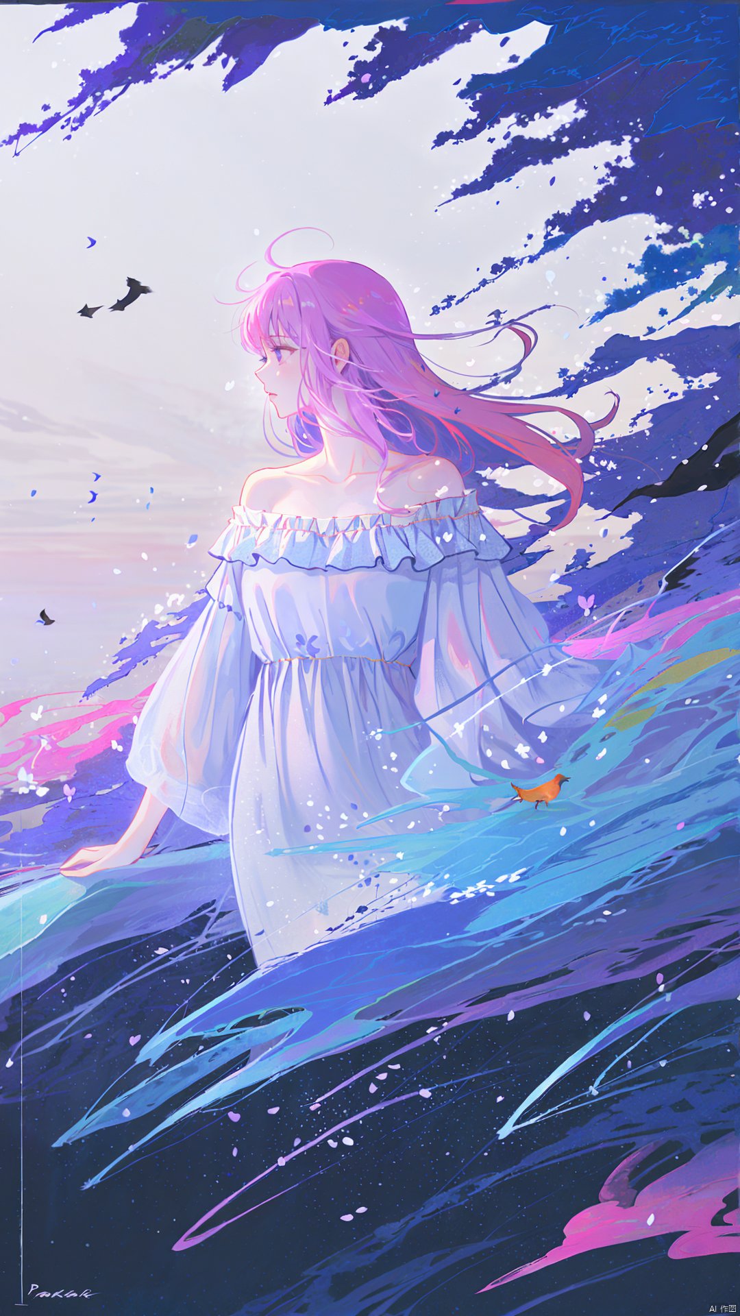  1girl, solo, long hair, dress, bare shoulders, purple eyes, collarbone, upper body, pink hair, parted lips, off shoulder, white dress, floating hair, looking away, wind