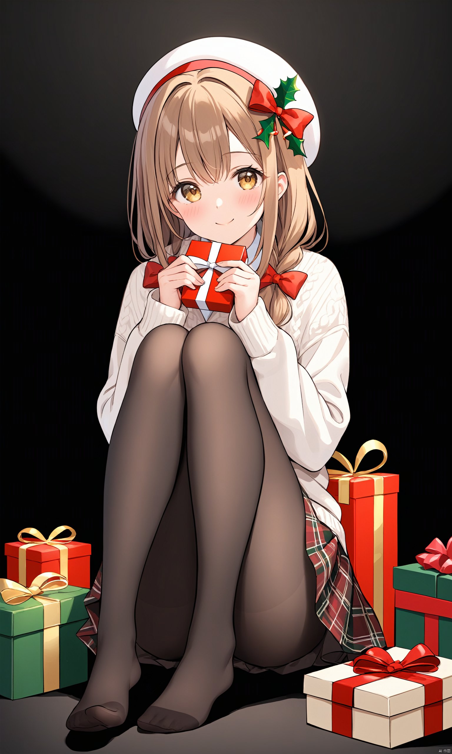  (masterpiece), (best quality),solo, 1girl, pantyhose, smile, brown hair, hat, blush, no shoes, looking at viewer, black pantyhose, sweater, braid, black background, long hair, heart, long sleeves, sitting, bow, skirt, merry christmas, brown eyes, kunikida hanamaru, hair bow, white headwear, beret, christmas, holding, plaid, full body, bangs, closed mouth, yellow eyes, gift, red bow, simple background