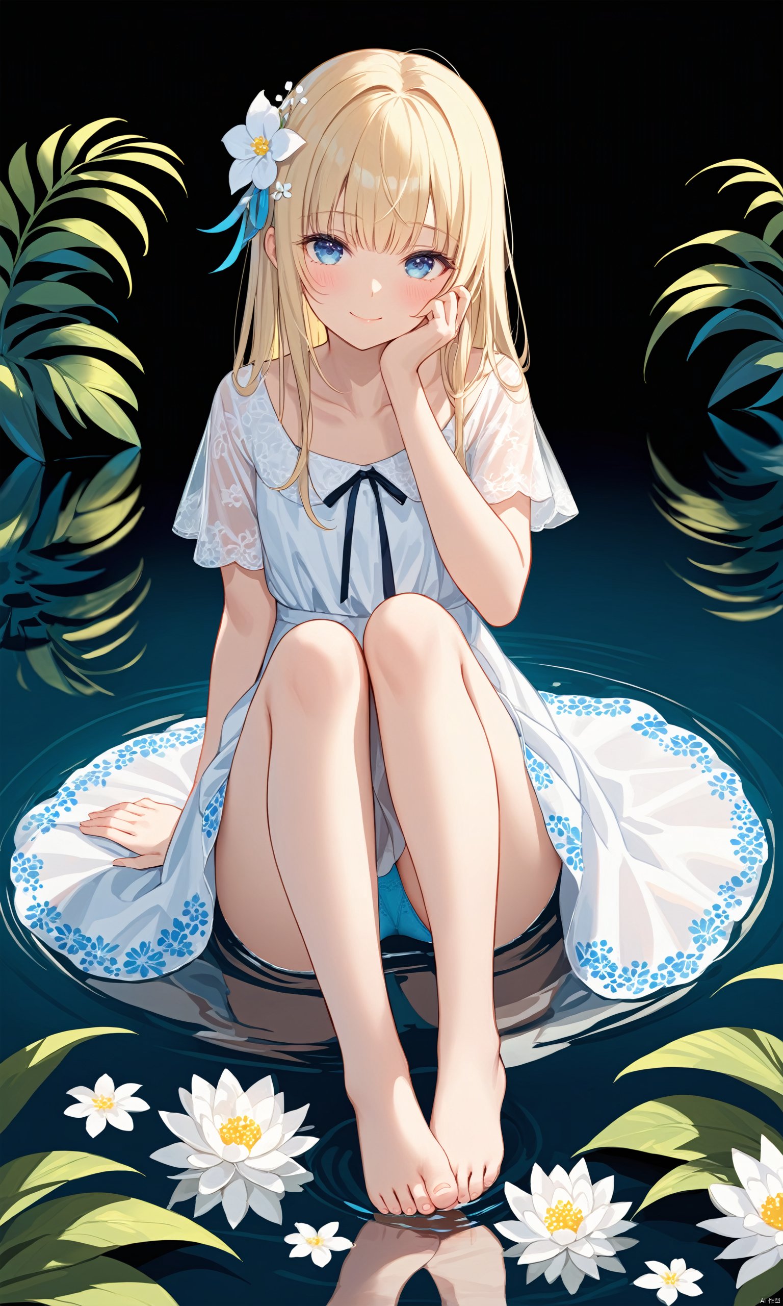  (masterpiece), (best quality),1girl,solo,flower,dress,sitting,barefoot,blonde hair,panties,long hair,looking at viewer,white dress,underwear,bangs,hair ornament,blush,feet,bare legs,toes,white flower,collarbone,water,hair flower,pantyshot,closed mouth,short sleeves,full body,blue eyes,blue panties,hand on own face,knees up,smile,print panties,knees together feet apart,legs,hand on own cheek,black background,reflection,plant,upskirt,