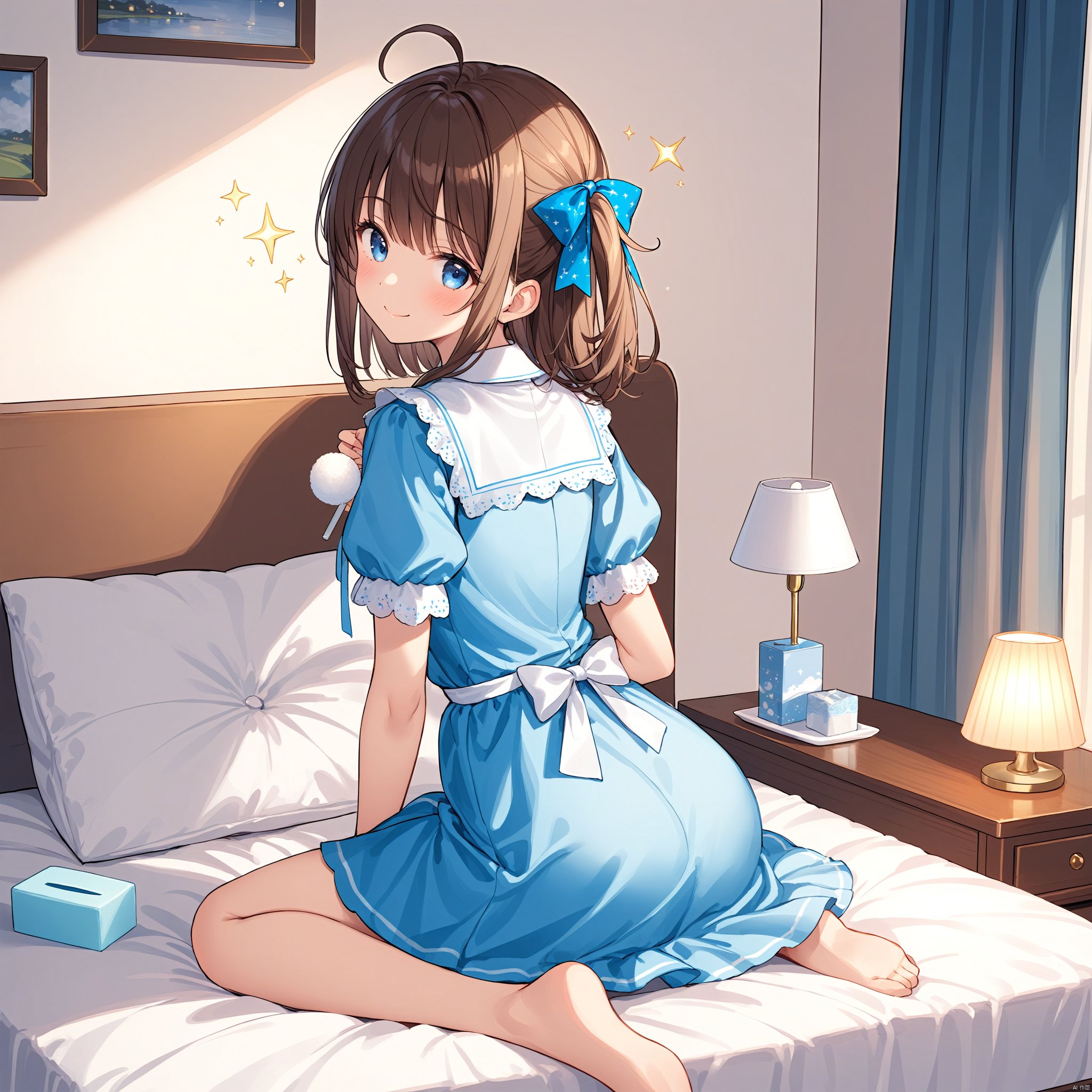 (masterpiece), (best quality), 1girl,tissue box,solo,brown hair,dress,mimikaki,blue eyes,smile,indoors,looking at viewer,ahoge,pillow,blue dress,sitting,holding,short sleeves,bed,closed mouth,puffy sleeves,blush,one side up,on bed,puffy short sleeves,clock,bangs,curtains,wariza,looking back,hair ribbon,hair ornament,ribbon,lamp,collared dress,sparkle,sleeveless,