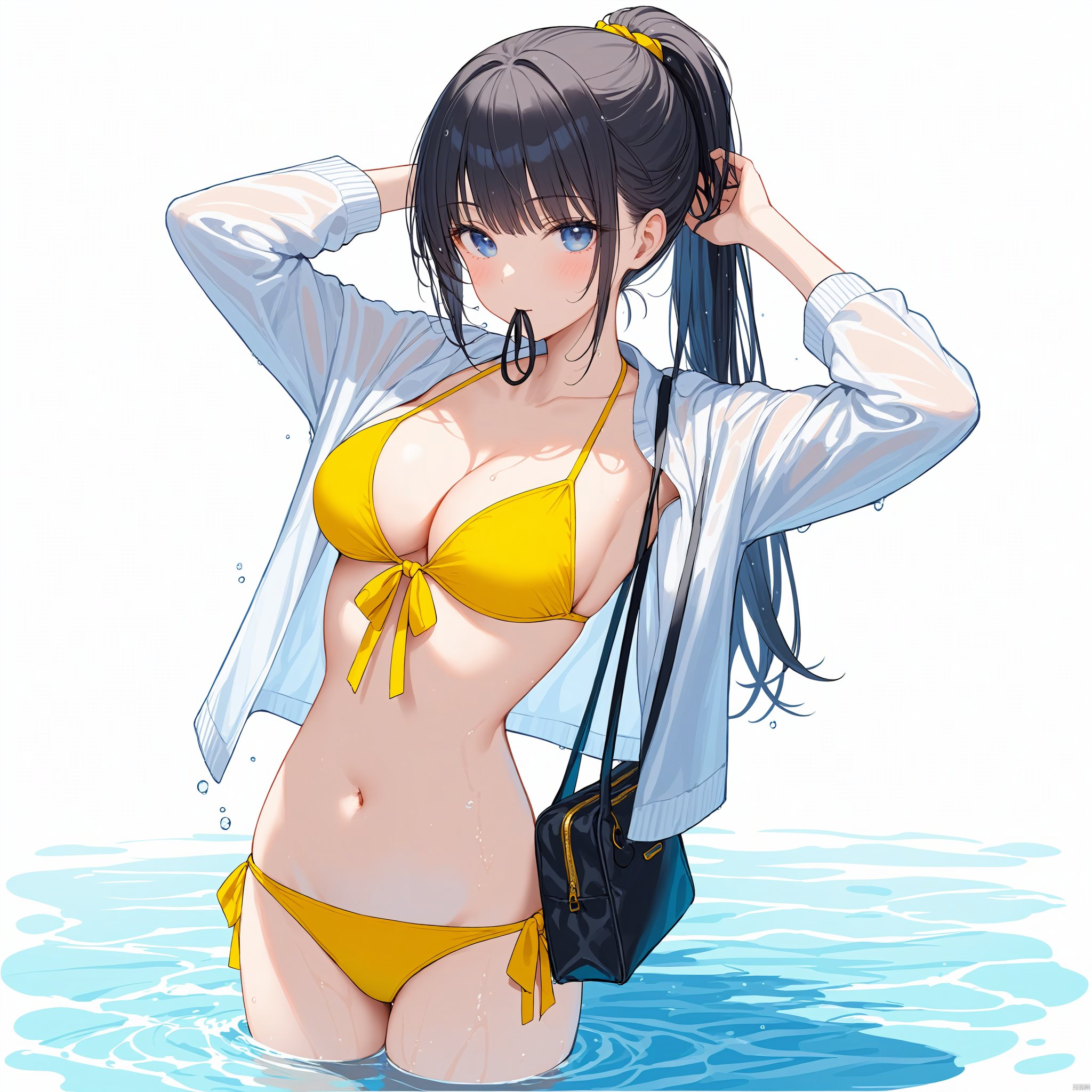 (masterpiece), (best quality), 1girl, solo, swimsuit, bikini, breasts, tying hair, blue eyes, navel, black hair, long hair, mouth hold, cleavage, ponytail, yellow bikini, arms up, wet, bag, white background, front-tie top, shirt, open clothes, simple background, wading, medium breasts, jacket, open shirt, collarbone, front-tie bikini top, water, white shirt, looking at viewer, blush, ribbon, bangs, cowboy shot, long sleeves, thigh gap, adjusting hair, hair tie, hair tie in mouth, standing