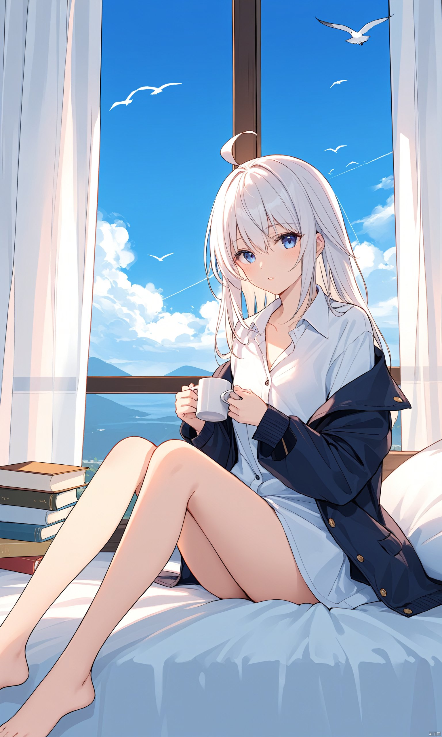  (masterpiece), (best quality),1girl,elaina (majo no tabitabi),blue eyes,solo,shirt,ahoge,long hair,bird,white shirt,window,sky,cup,sitting,hair between eyes,holding,indoors,cloud,collared shirt,knees up,curtains,bangs,white hair,looking at viewer,parted lips,dress shirt,long sleeves,book,holding cup,open clothes,barefoot,off shoulder,bare legs,pillow,blue sky,day,on bed,mug,jacket,collarbone,