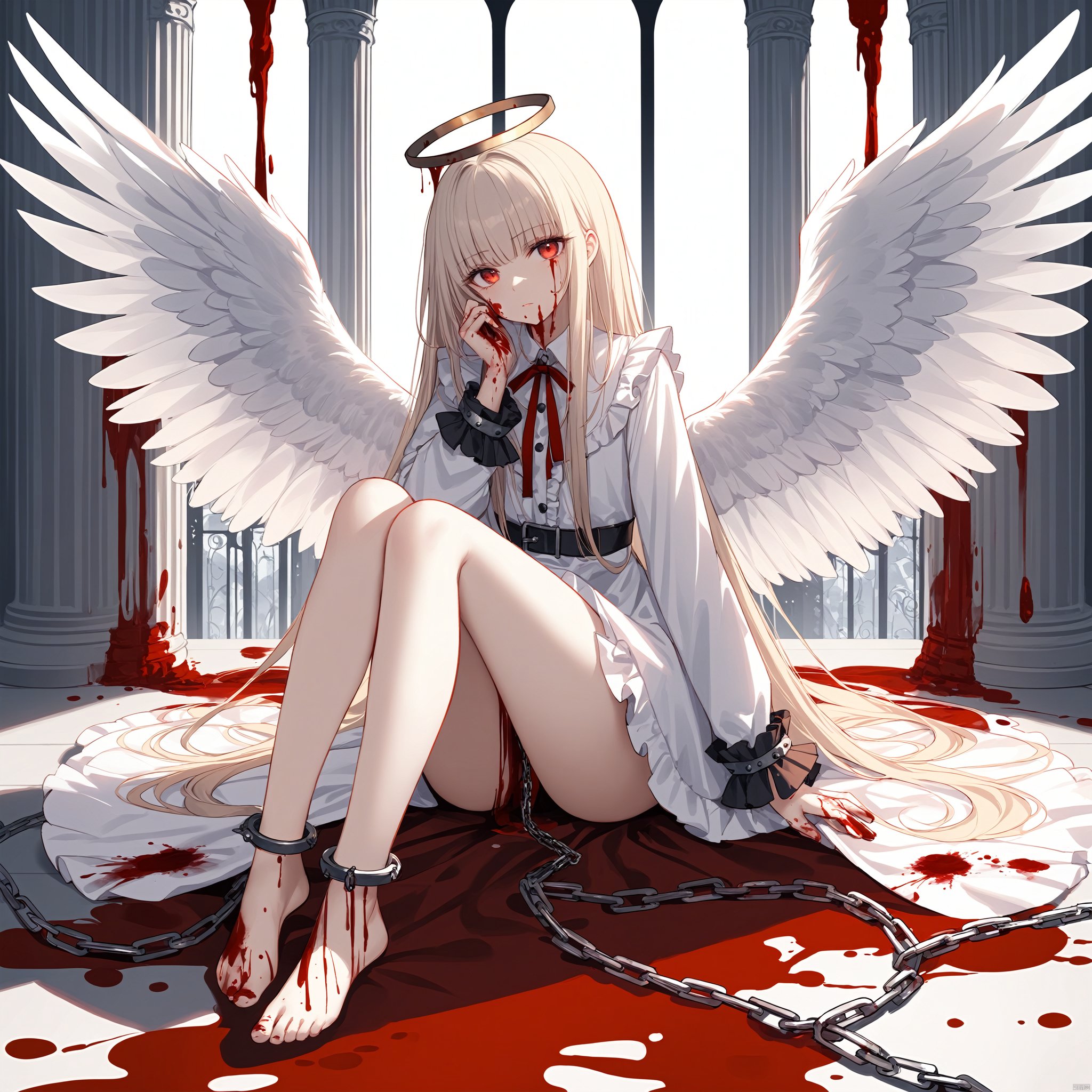 (masterpiece), (best quality), 1girl,solo,wings,blood,long hair,sitting,chain,red eyes,blood on hands,feathered wings,barefoot,blood on face,blood from eyes,dress,long sleeves,cuffs,feathers,frills,looking at viewer,very long hair,white wings,bandages,shackles,bangs,