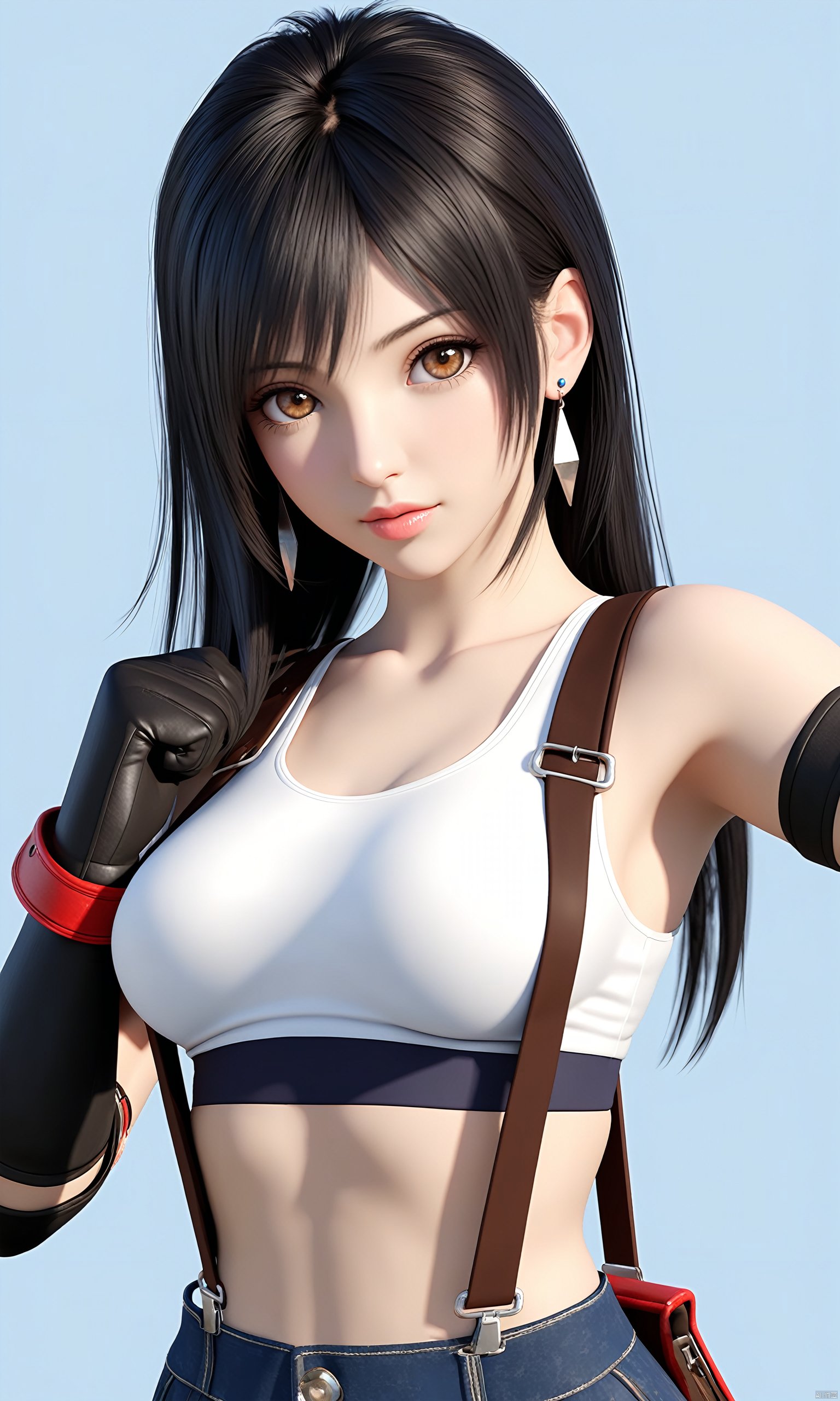  (masterpiece), (best quality),realistic,octane render,3D CG,1girl,tifa lockhart,solo,long hair,earrings,black hair,jewelry,suspenders,crop top,breasts,looking at viewer,upper body,brown eyes,bangs,shirt,gloves,elbow gloves,midriff,elbow pads,medium breasts,lips,tank top,blue background,white tank top,artist name,bare shoulders,closed mouth,white shirt,sports bra,sleeveless,