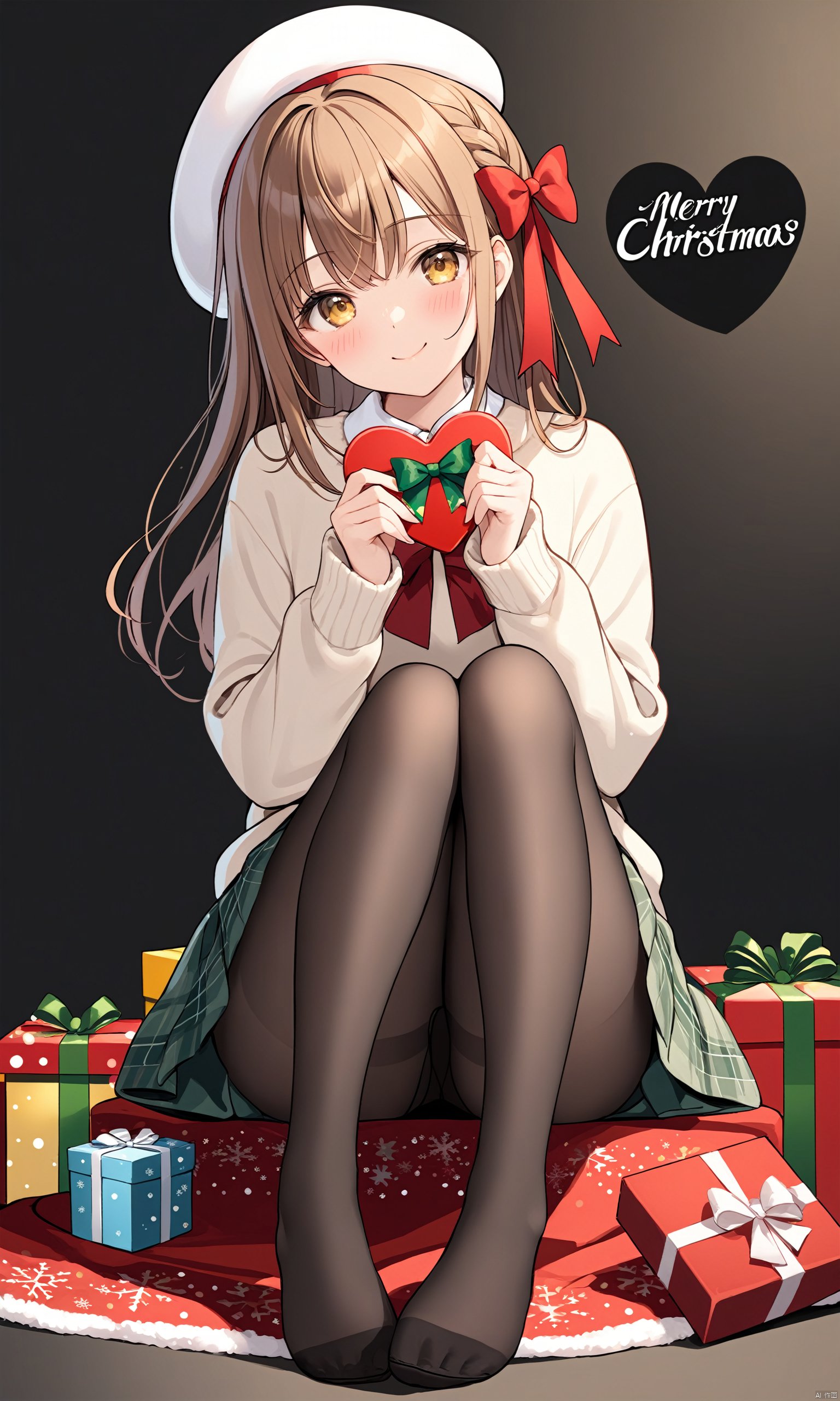  (masterpiece), (best quality),solo, 1girl, pantyhose, smile, brown hair, hat, blush, no shoes, looking at viewer, black pantyhose, sweater, braid, black background, long hair, heart, long sleeves, sitting, bow, skirt, merry christmas, brown eyes, kunikida hanamaru, hair bow, white headwear, beret, christmas, holding, plaid, full body, bangs, closed mouth, yellow eyes, gift, red bow, simple background