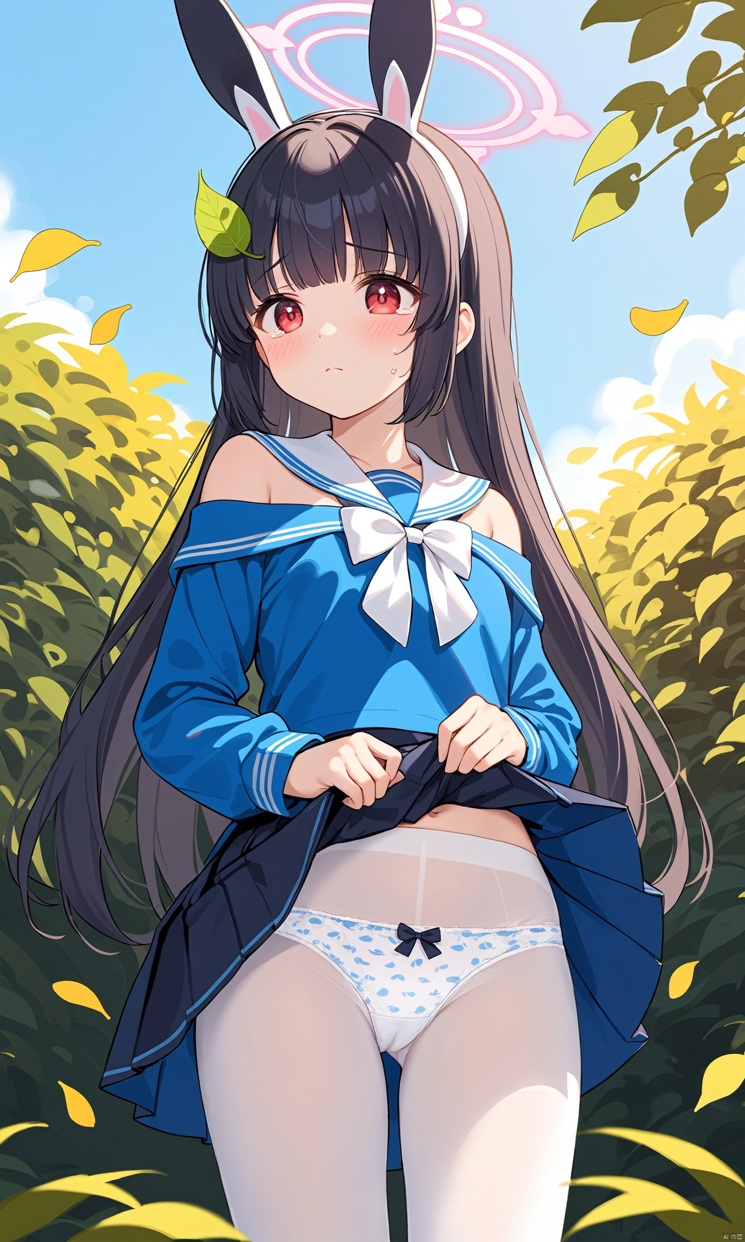  (masterpiece), (best quality),miyu (blue archive), 1girl, underwear, pantyhose, panties, clothes lift, lifted by self, long hair, skirt, navel, skirt lift, leaf, red eyes, black hair, white panties, white pantyhose, blush, leaf on head, panties under pantyhose, bangs, ass visible through thighs, blue skirt, school uniform, closed mouth, blue shirt, off shoulder, shirt, long sleeves, animal ears, bare shoulders, solo, halo, fake animal ears, blunt bangs, outdoors, bright pupils, rabbit ears, tearing up, standing, stomach, serafuku, very long hair, cowboy shot, bow panties, print panties, bow, looking away, white pupils, pleated skirt