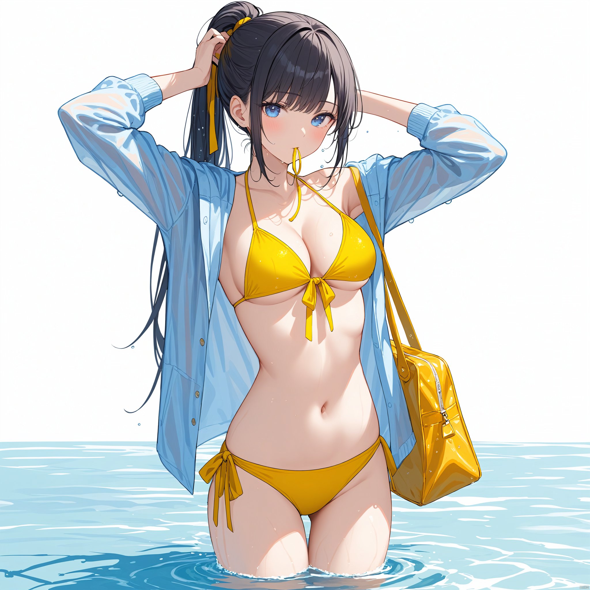 (masterpiece), (best quality), 1girl, solo, swimsuit, bikini, breasts, tying hair, blue eyes, navel, black hair, long hair, mouth hold, cleavage, ponytail, yellow bikini, arms up, wet, bag, white background, front-tie top, shirt, open clothes, simple background, wading, medium breasts, jacket, open shirt, collarbone, front-tie bikini top, water, white shirt, looking at viewer, blush, ribbon, bangs, cowboy shot, long sleeves, thigh gap, adjusting hair, hair tie, hair tie in mouth, standing