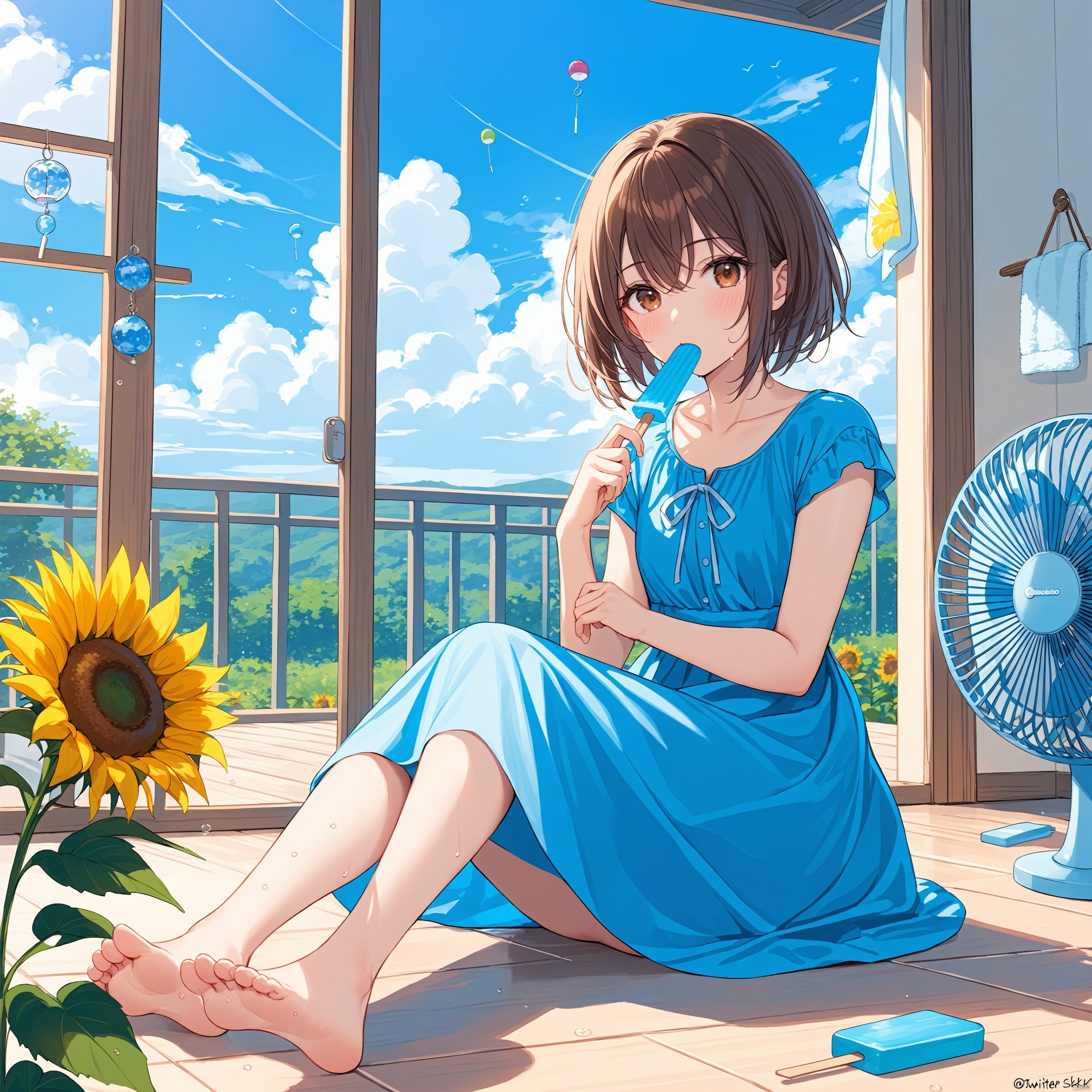 (masterpiece), (best quality), 1girl, solo, barefoot, brown hair, summer, cloud, brown eyes, sitting, dress, food, mouth hold, day, sky, soles, short hair, wind chime, short sleeves, electric fan, feet, blue dress, hair between eyes, bangs, blush, flower, blue sky, indoors, popsicle, toes, twitter username, on floor, looking at viewer, collarbone, sweat, sunflower, cloudy sky, towel