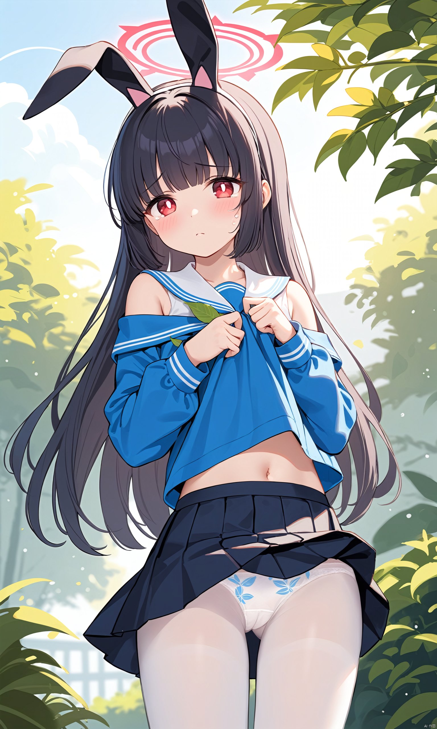  (masterpiece), (best quality),miyu (blue archive), 1girl, underwear, pantyhose, panties, clothes lift, lifted by self, long hair, skirt, navel, skirt lift, leaf, red eyes, black hair, white panties, white pantyhose, blush, leaf on head, panties under pantyhose, bangs, ass visible through thighs, blue skirt, school uniform, closed mouth, blue shirt, off shoulder, shirt, long sleeves, animal ears, bare shoulders, solo, halo, fake animal ears, blunt bangs, outdoors, bright pupils, rabbit ears, tearing up, standing, stomach, serafuku, very long hair, cowboy shot, bow panties, print panties, bow, looking away, white pupils, pleated skirt