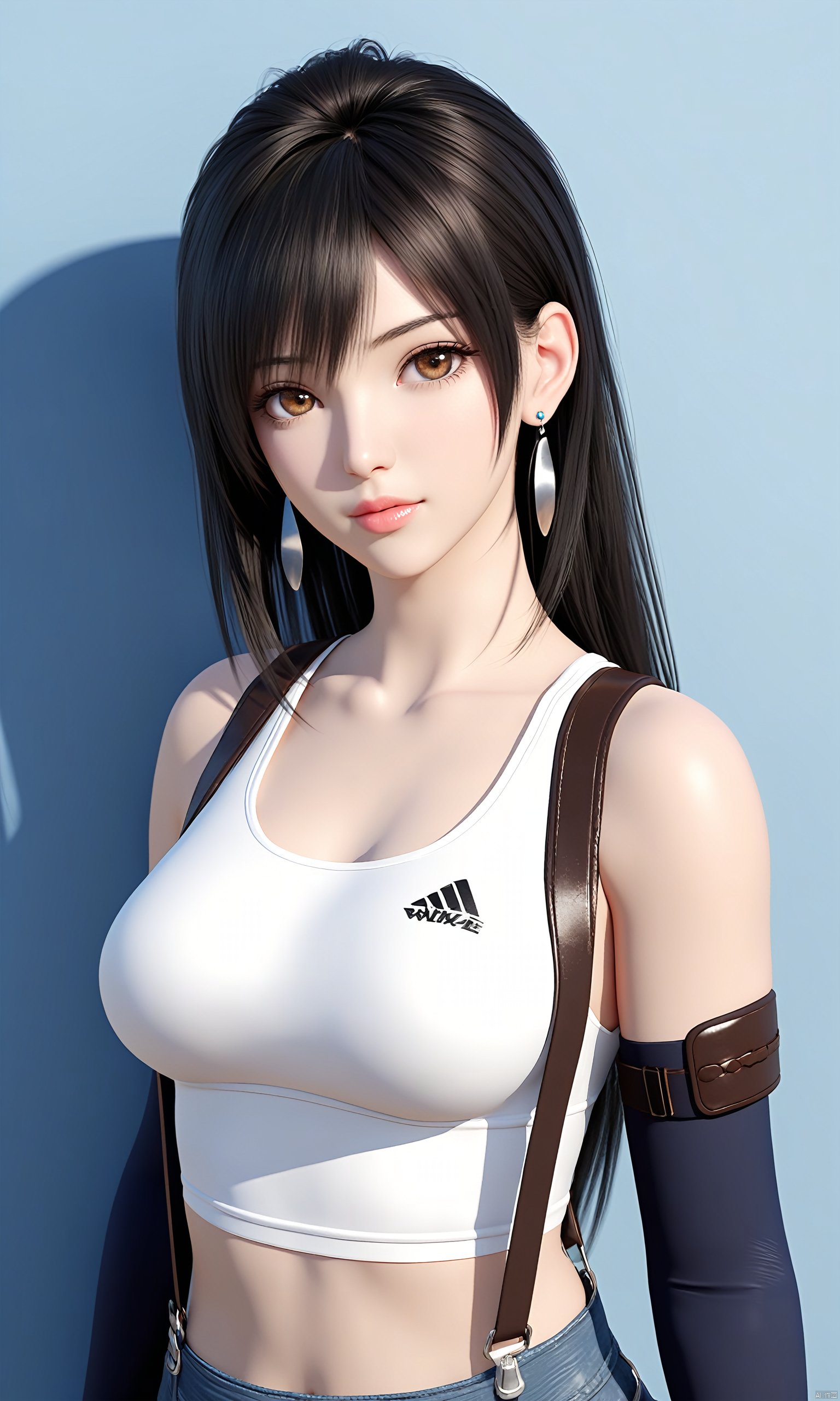  (masterpiece), (best quality),realistic,octane render,3D CG,1girl,tifa lockhart,solo,long hair,earrings,black hair,jewelry,suspenders,crop top,breasts,looking at viewer,upper body,brown eyes,bangs,shirt,gloves,elbow gloves,midriff,elbow pads,medium breasts,lips,tank top,blue background,white tank top,artist name,bare shoulders,closed mouth,white shirt,sports bra,sleeveless,