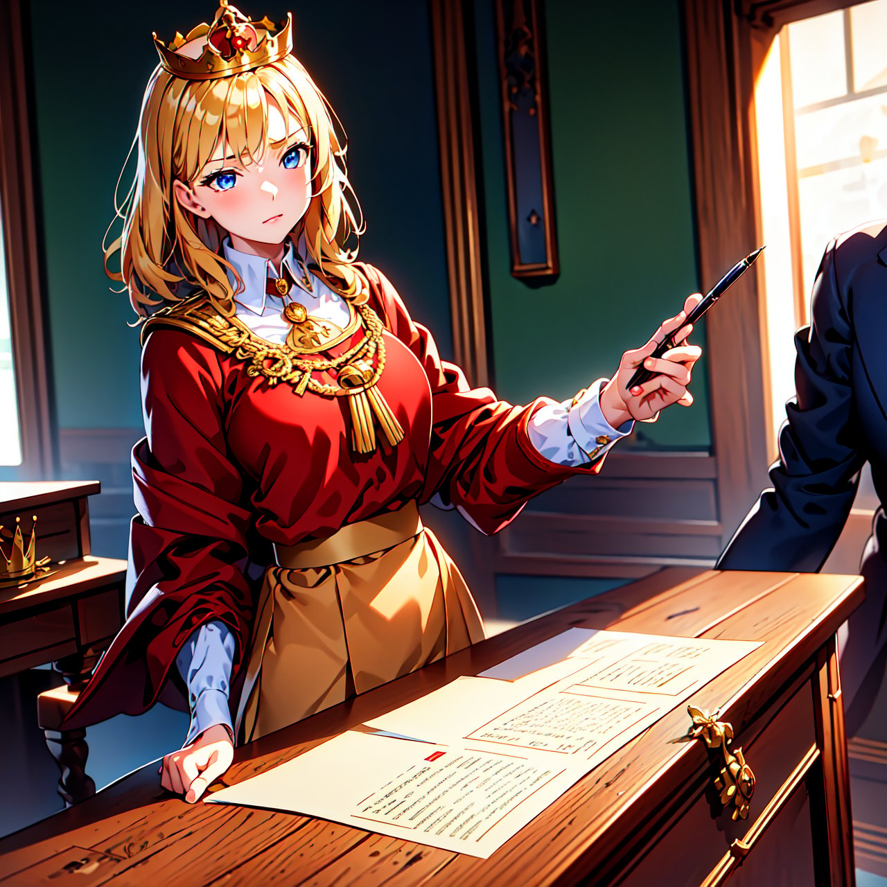 (Masterpiece: 1.2, Best Quality), Realistic, (Realistic Picture, Complex Details, Depth of Field), Best Quality, Masterpiece, Highly Detailed, Semi Realistic, 1 Girl, Mature Female, 21 Years Old, Blond Hair, Shoulder length Short Hair, Left Eye Covered with Hair, Blue Eyes, King's Clothes, Red Cloak, Slim Figure, Crown Made of Precious Gold, Reading Documents, Marking Documents, Goose Hair Pen, Office Table, Soft Bench, Palace, In the palace, during the Middle Ages