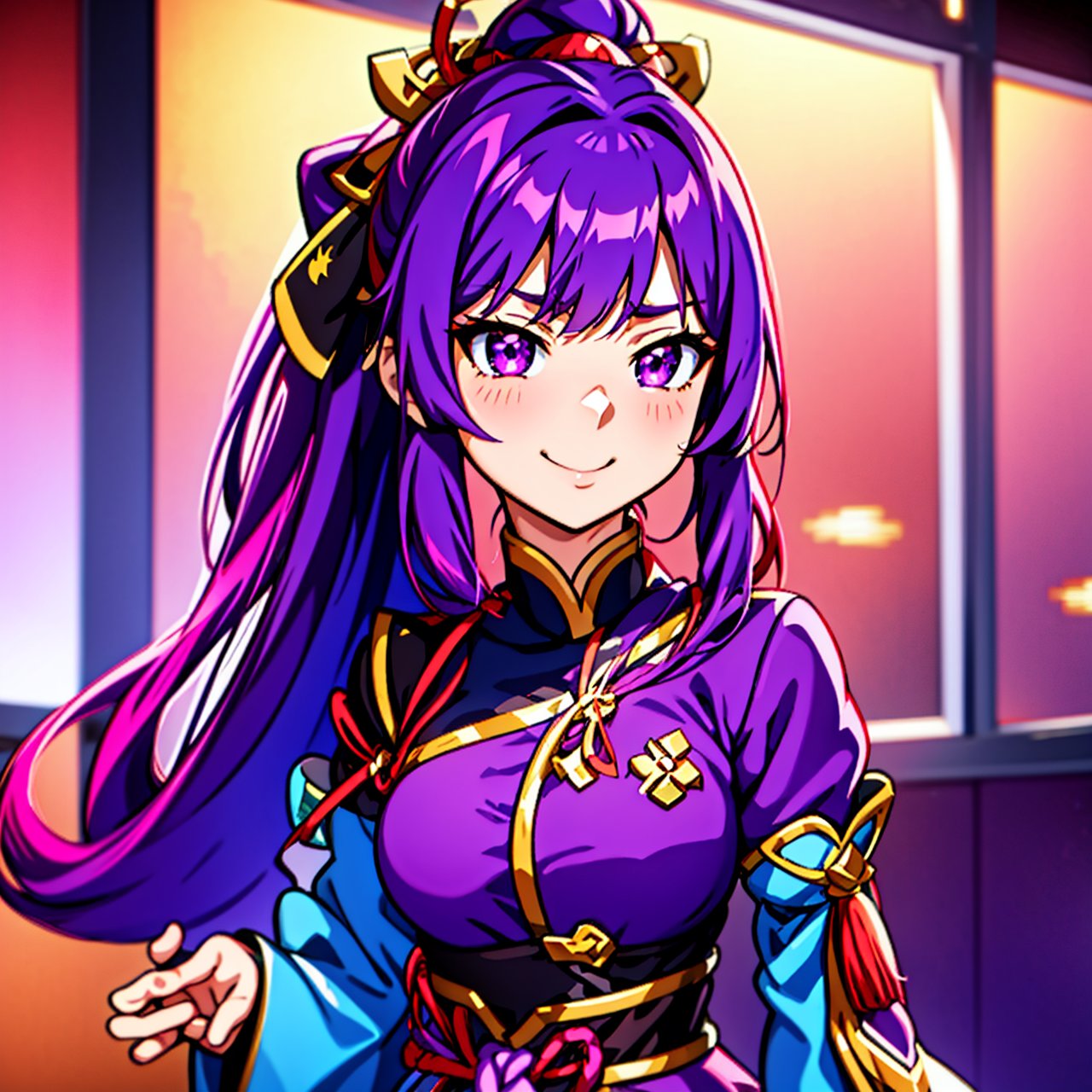 anime girl with purple hair and purple eyes in a purple outfit, ayaka genshin impact, [[[[grinning evily]]]], akasuki voidstar, onmyoji portrait, hajime yatate, anime moe artstyle, portrait knights of zodiac girl, keqing from genshin impact, ayaka game genshin impact