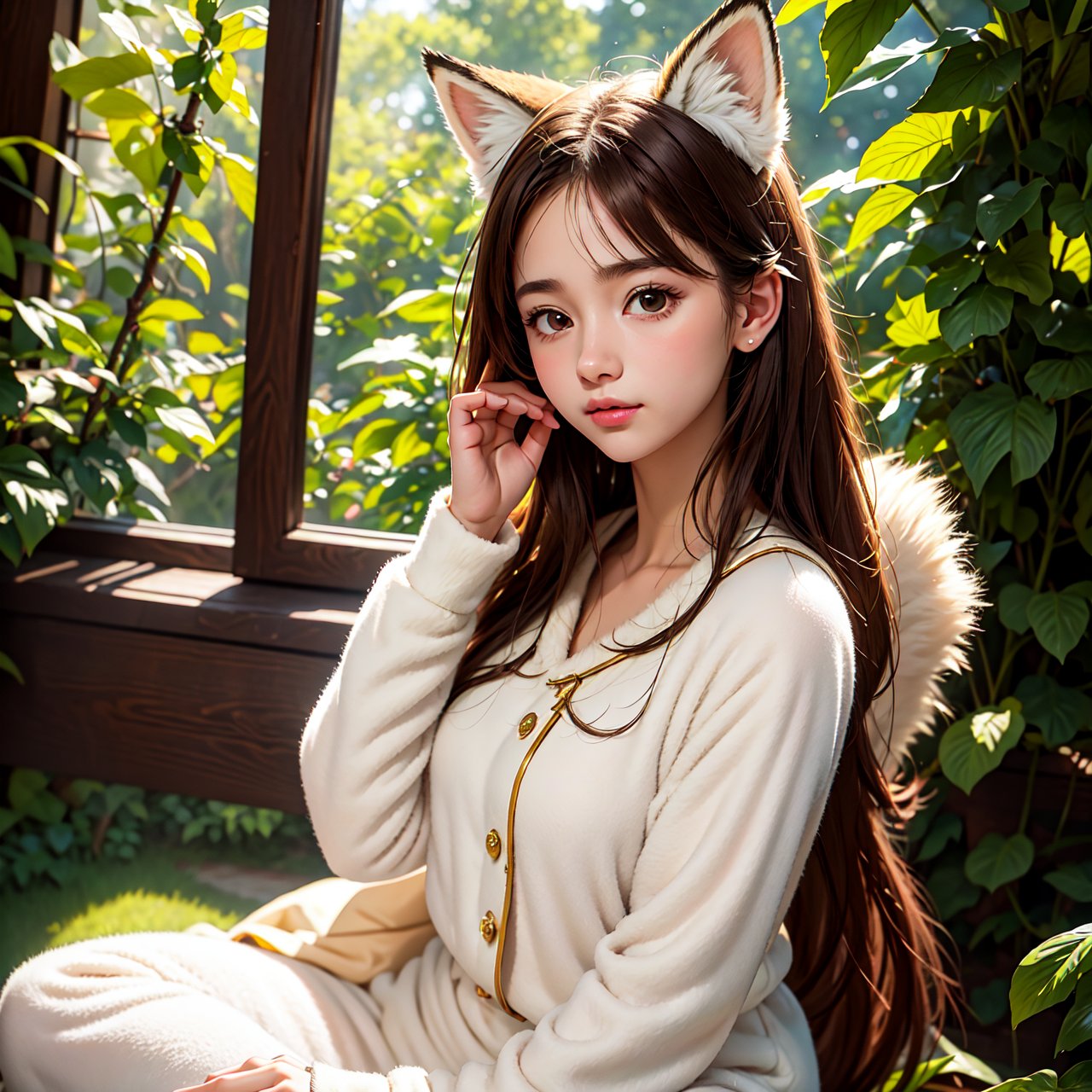 A professional high-quality photo, in 4K resolution, captures in realistic detail a charming girl in a fluffy white pajama with ears and foxtail. She is sitting in the middle of an enchanted forest, where every element is portrayed to perfection. The textures of the pajamas, ears and tail are sharp and palpable. Sunlight falls on the leaves and gently illuminates the girl's face, highlighting each delicate and charming expression  