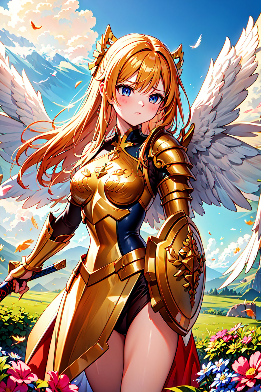 strong angel with heavenly armor, with shield sword, seven wings, ready for battle  