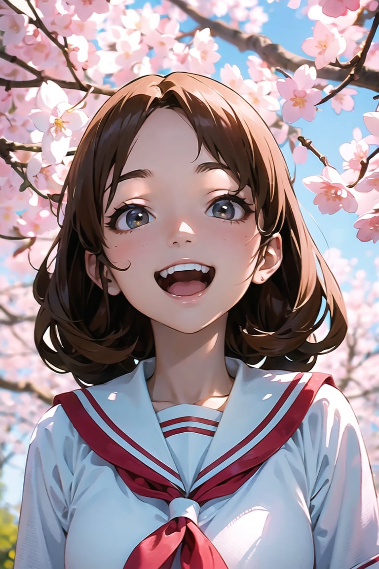 Masterpiece, beautiful details, perfect focus, uniform 8K wallpaper, high resolution, RAW photo, brown hair, medium curly hairstyle, clear sparkling deep eyes, smile, happy, open mouth,
A dreamy girl wearing a sailor suit is looking up at the sky while walking along a row of cherry blossom trees blown by the evening breeze. Watercolor illustration, anime style portrait of a teenager with a cute smile, one girl,perfect light,CherryBlossom_background,1girl,one girl