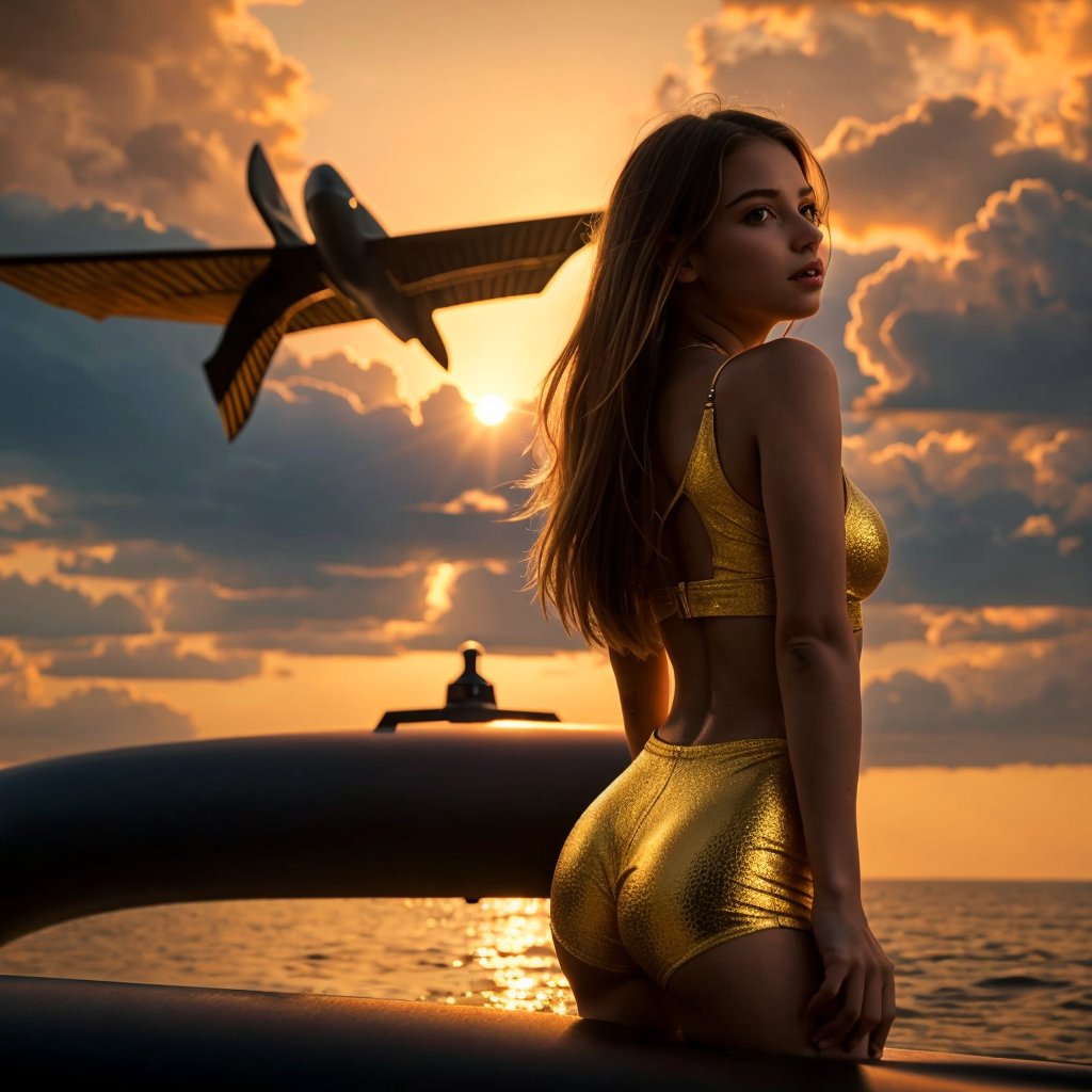 Young girl with gold wings outstreathed, golden sky behind her.  She is inside a submarine.  high quality, best quality, 4k, 8k, hi resolution, very young girl, young face, short, small, petite, slim, great body, cute, beautiful. photorealistic,cinematic, dark, moody light, hyper-realistic. ,Young Girl