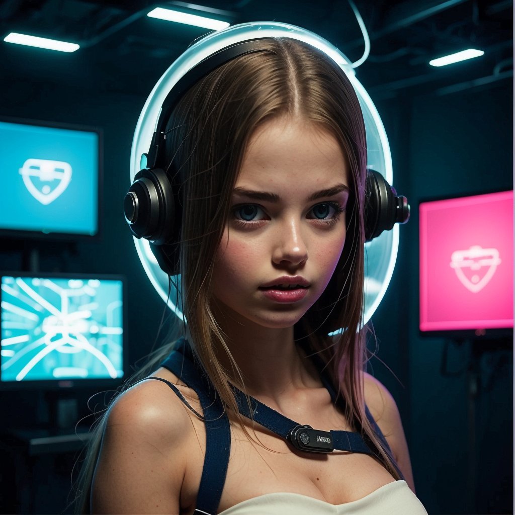 16 year old white European girl wearing a cyberpunk suit, vaultshout with technology attached. Hi tech, cyberpunk surroundings.  ((She is inside an alien spaceship)). She is plugged into alien technology. high quality, best quality, 4k, 8k, hi resolution, very young girl, young face, cute, beautiful, . photorealistic,cinematic, dark, moody light, hyper-realistic. Make the girls likness exactly as the selcted lora: SophieXTD, and like the actual model called SophieXTD,Young Girl