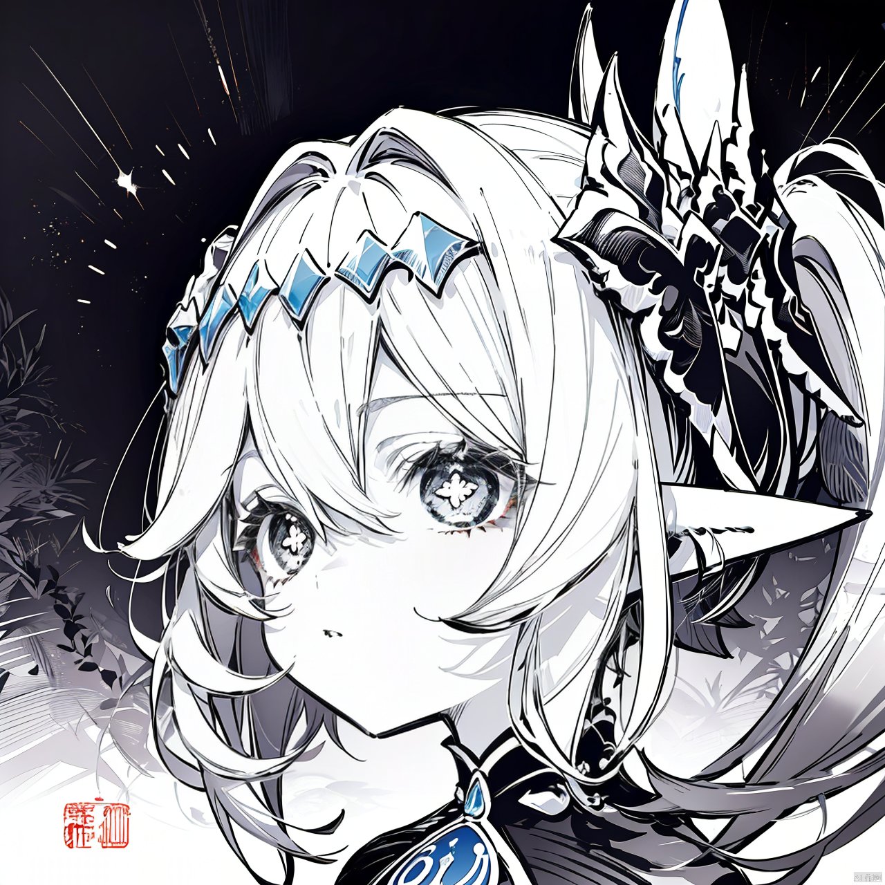 ink style, 1girl, nahida (genshin impact), solo, monochrome, hair ornament, pointy ears, side ponytail, symbol-shaped pupils, looking at viewer, cross-shaped pupils, bangs, long hair, parted lips, hair between eyes, upper body, dress, greyscale