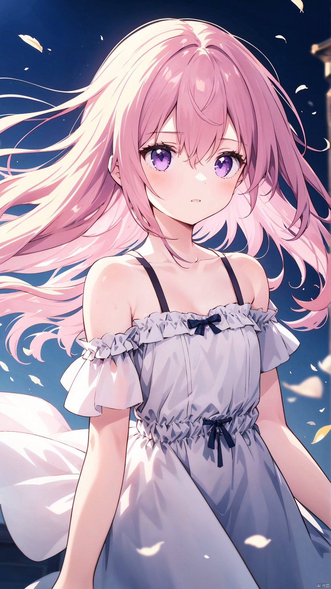  1girl, solo, long hair, dress, bare shoulders, purple eyes, collarbone, upper body, pink hair, parted lips, off shoulder, white dress, floating hair, looking away, wind