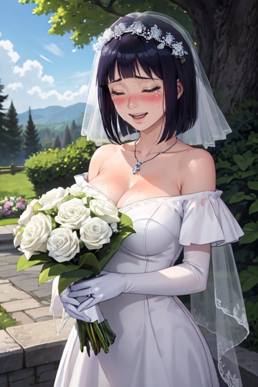 hinata_boruto, 1girl, short hair, solo, purple hair, bob cut, bangs, blunt bangs, looking at viewer, shy, blush,

BREAK
wedding dress, breasts, flower, solo, dress, gloves, open mouth,smile, grin,crying, holding bouquet,white dress, elbow gloves, collarbone, hair ornament, hair flower, white flower, veil, bridal veil, necklace, white gloves, bangs, jewelry, outdoors, blush, day, petals, sky, shiny hair, off shoulder, shiny, blue sky, church, bare shoulders, off-shoulder dress,garden,cowboy shot,closed eyes, crying, tears,beautiful forest, flowers background,

(( shiny skin, glossy skin, detailed skin ))

