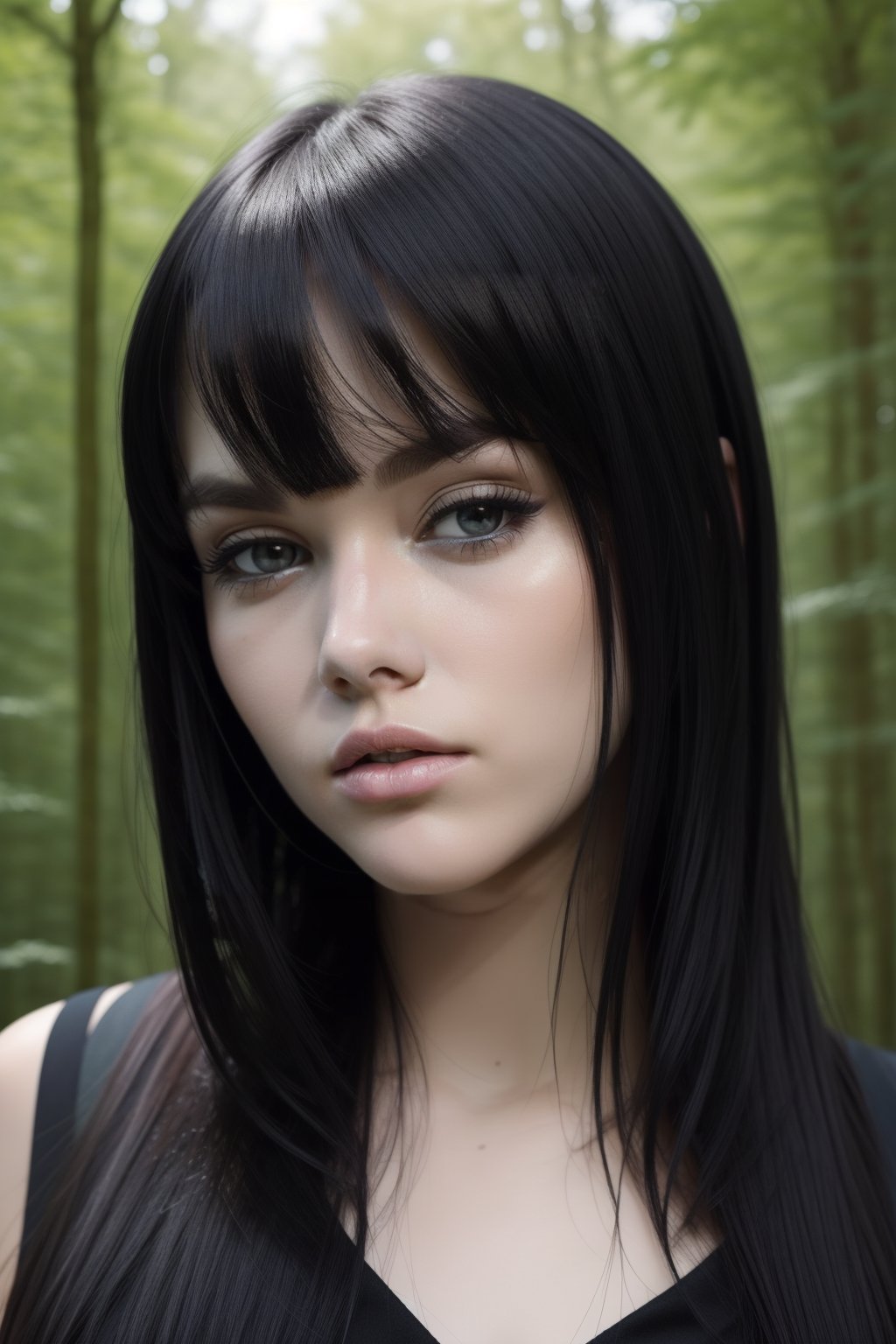 a portrait of wo_melclarke04,  head portrait, posing in the woods, perfect face structure, pale skin, serious, divine features, long and black hair with bangs, facing forward