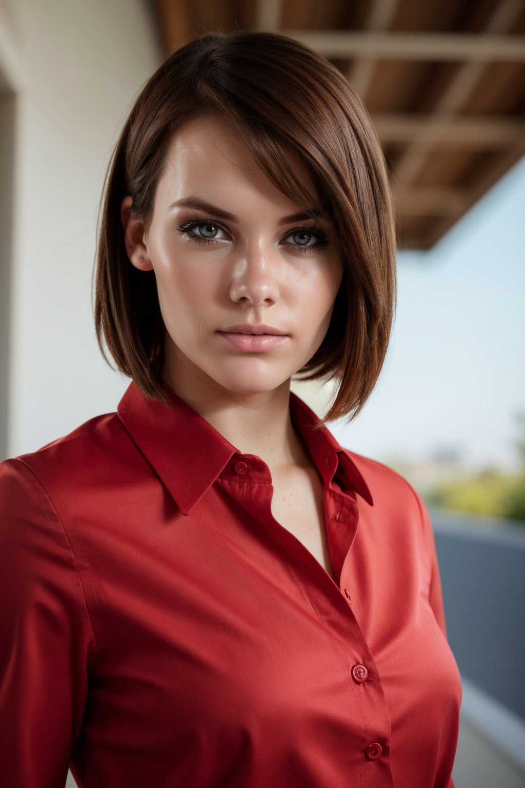 a portrait of a wo_melclarke04,  with brown hair,  young,  smooth skin,  upper body,  intricate details,  hyperdetailed,  cinematic,  high key,  hdr,  shoulders covered,  red business shirt, photorealistic