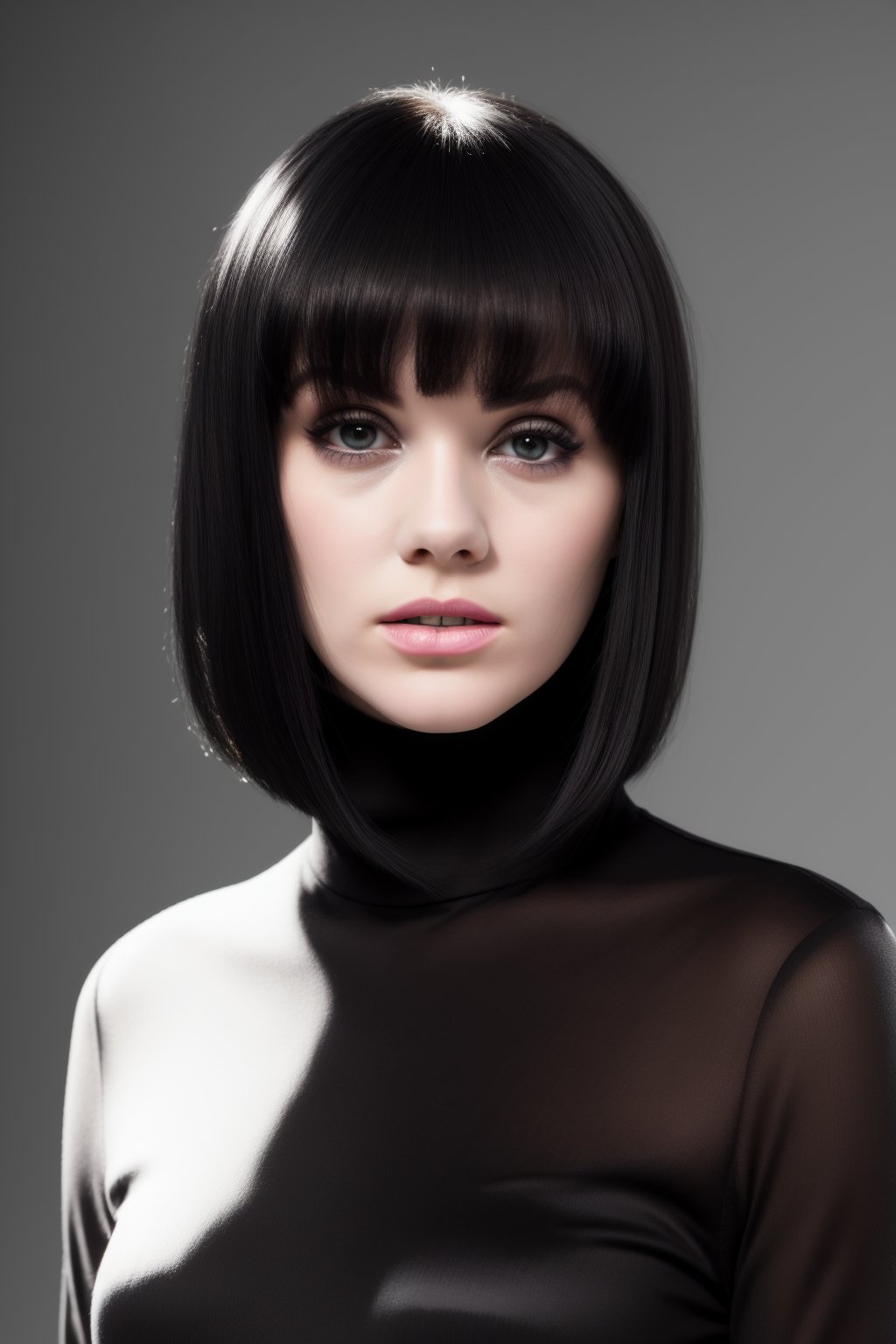 a young woman, pale skin, delicate traits, Sharp Focus, (wo_melclarke04), (close-up:0.1), low key lighting, shot on Lumix GH5, cinematic bokeh, black tight turtleneck shirt, black hair, (simple background:1.2), teasing, perfect teeth