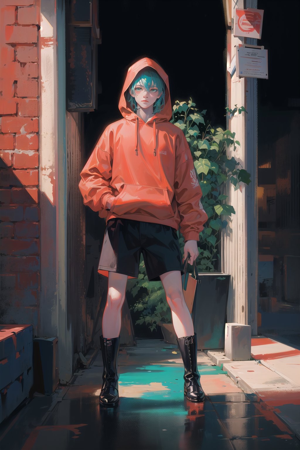 1boy, hoodie, tarotstyle, red and cyan color palette, ivy and vine patterns, leaf patterns, male focus, solo, cyan hair,  contrast, black background with red roses, solo, full body, vibrant colors, cityscape, city, painting style, strong red color, black boots, shorts, best quality, high resolution, masterpiece, raw, realistic, cinematic, art, beautiful,