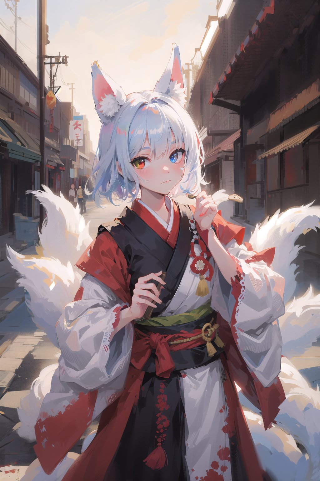 Woman with fox ears and tail holding a glave, wearing an japanesse armor, the scenario is a japan, heterochromia, red eyes