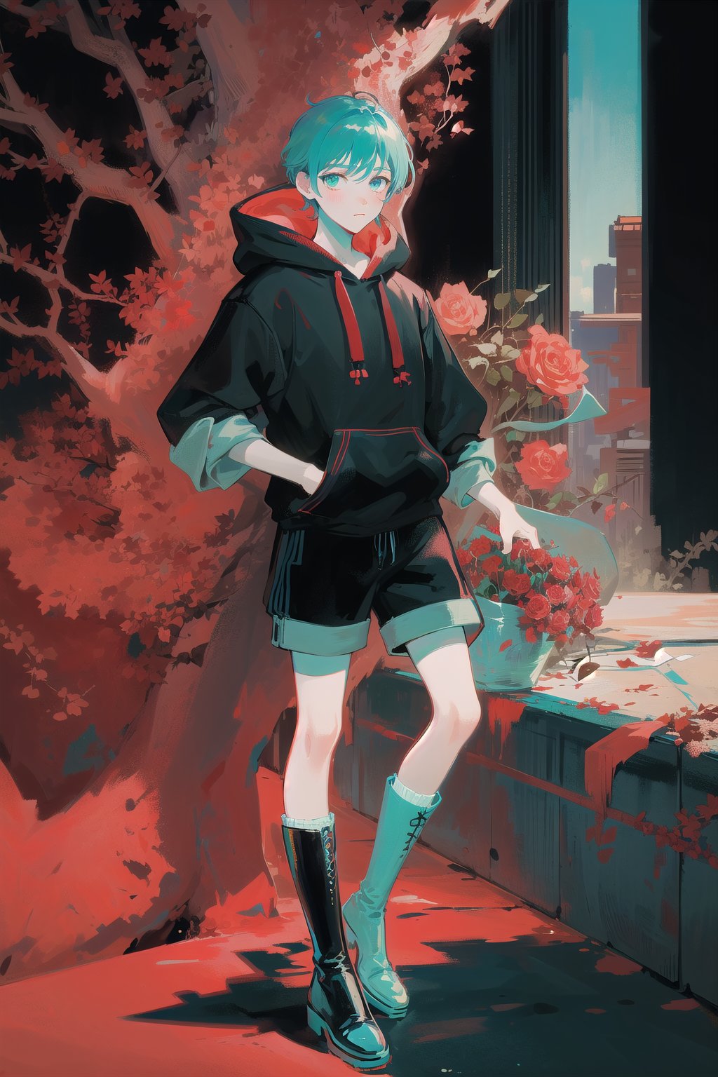 1boy, hoodie, tarotstyle, red and cyan color palette, ivy and vine patterns, leaf patterns, male focus, solo, cyan hair,  contrast, black background with red roses, solo, full body, vibrant colors, cityscape, city, painting style, strong red color, black boots, shorts