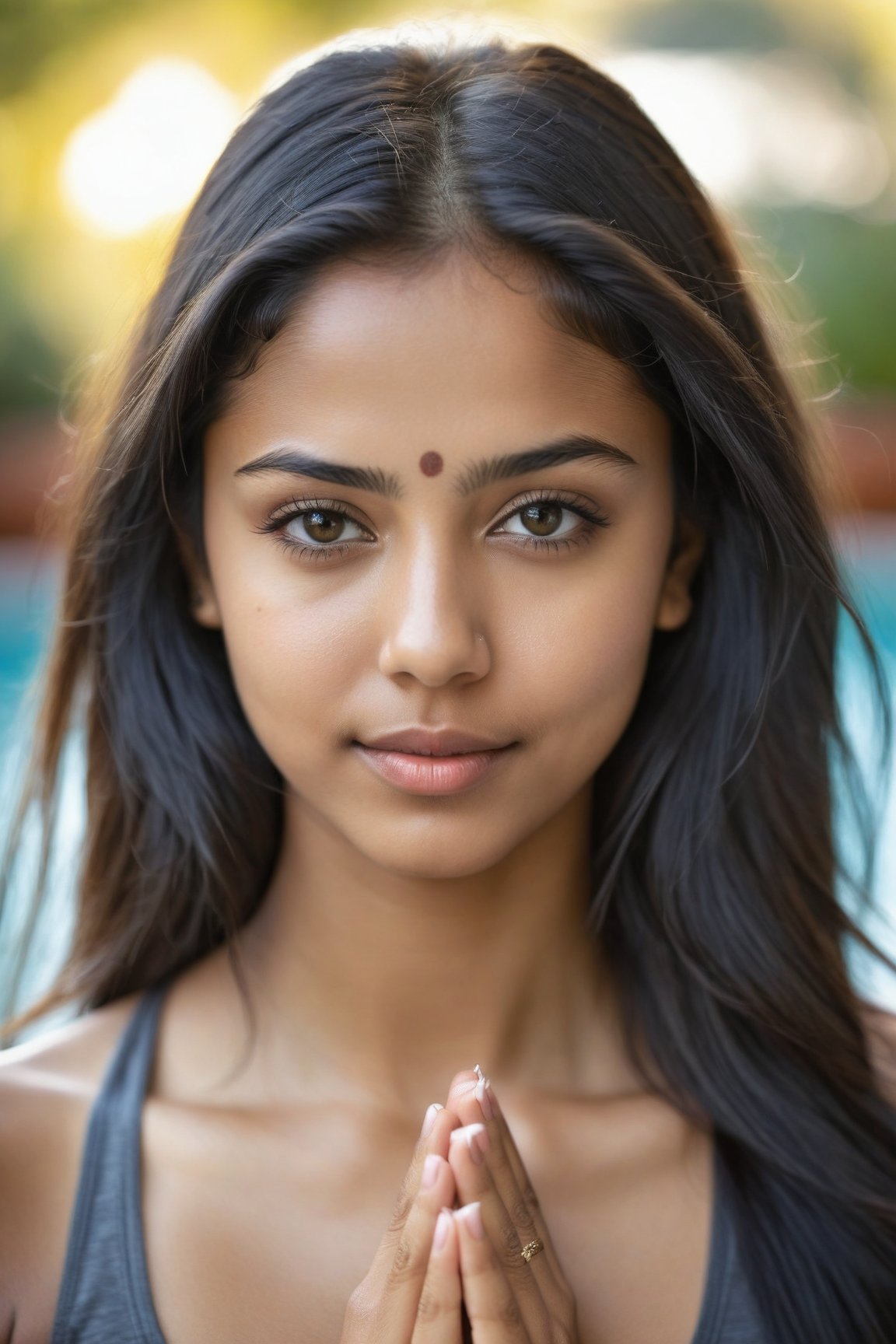 An ultra real full body photorealistic DSLR shot of standing head to toe of an 28-year-old girl, captured in ultra-realistic detail by a DSLR camera. Her long black hair cascades down her body, framing her striking black eyes. intricate macro details add depth and texture to the image. intricate macro details add depth and texture to the image. Confident and friendly expression. ultra highres, sharpness texture, High detail RAW Photo, detailed face, shallow depth of field, sharp eyes, (realistic skin texture:1.2), light skin, dslr, film grain. The most beautiful Indian girl. Yoja practices yoga on a pool deck, combining the calming effects of water with the mindfulness of yoga. Capture the balance and tranquility of her practice.