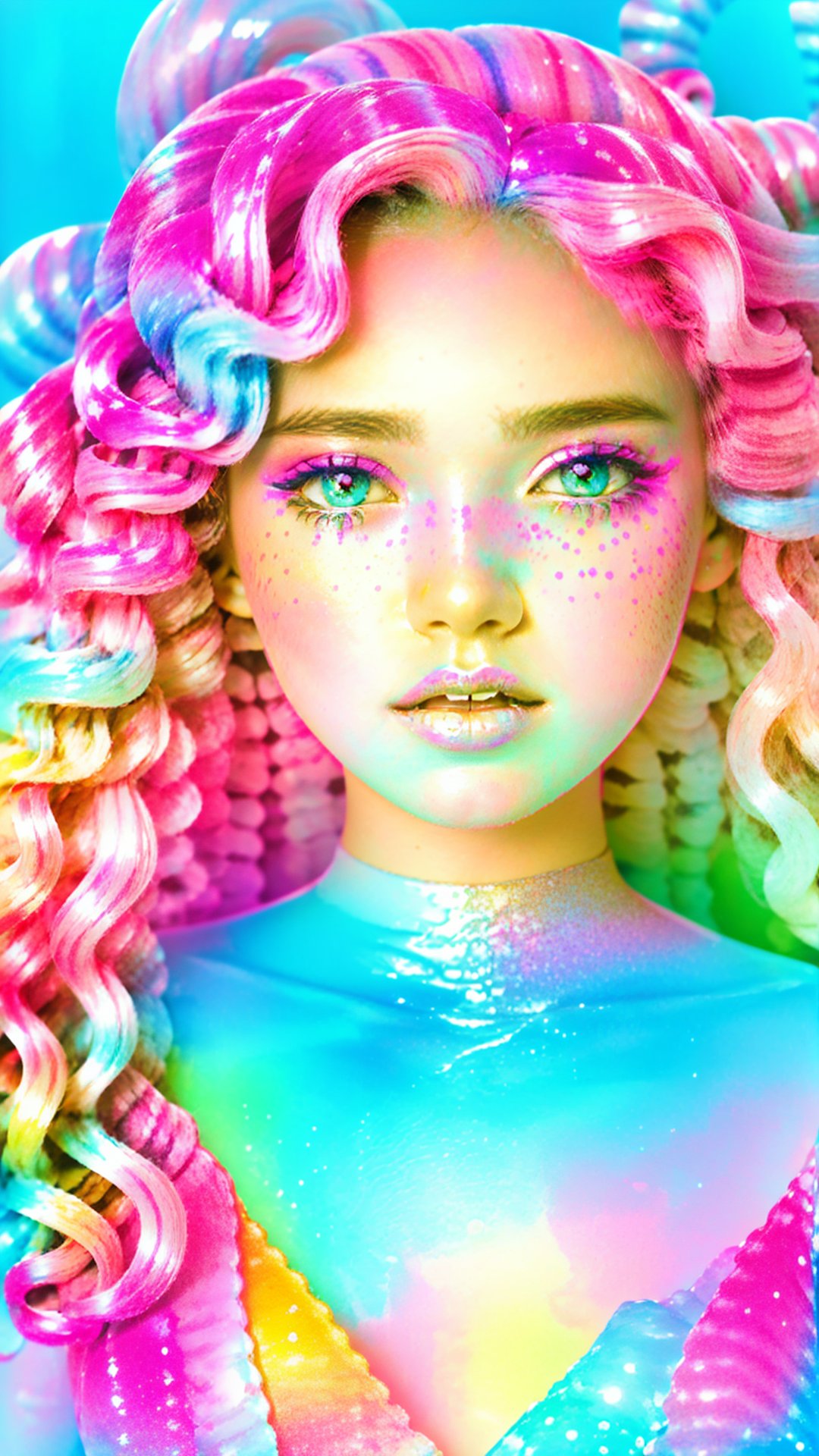 beautiful kawaii naughty girl, hyper detailed, cotton candy curly hair, candy freckles, bright makeup, holographic transparent candy dress, close-up portrait, highly detailed illustration, candyland character design, surrounded by swirls of ice cream and cream butter Pale pastel colors, bubblegum bubbles, gradient background. the candy girl,Masterpiece