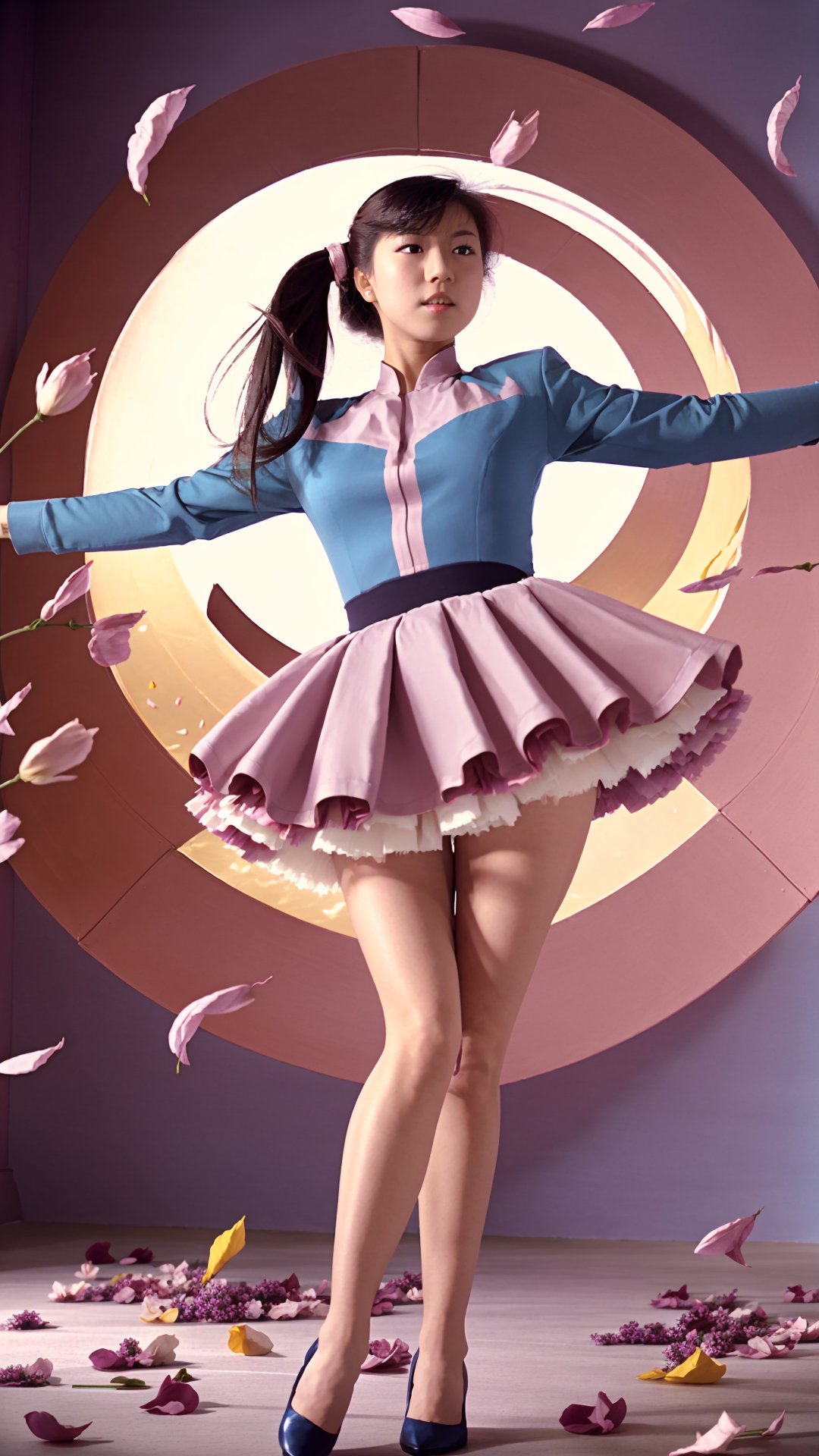 1girl, solo, flying_kick, symmetrical clothing, fighting pose, spreading legs, legs up,from below, kicking, midnight city, wearing a tight muted color dress, taut dress, bloomers,  long hair, flower petals falling, dramatic lighting, correct_anatomy