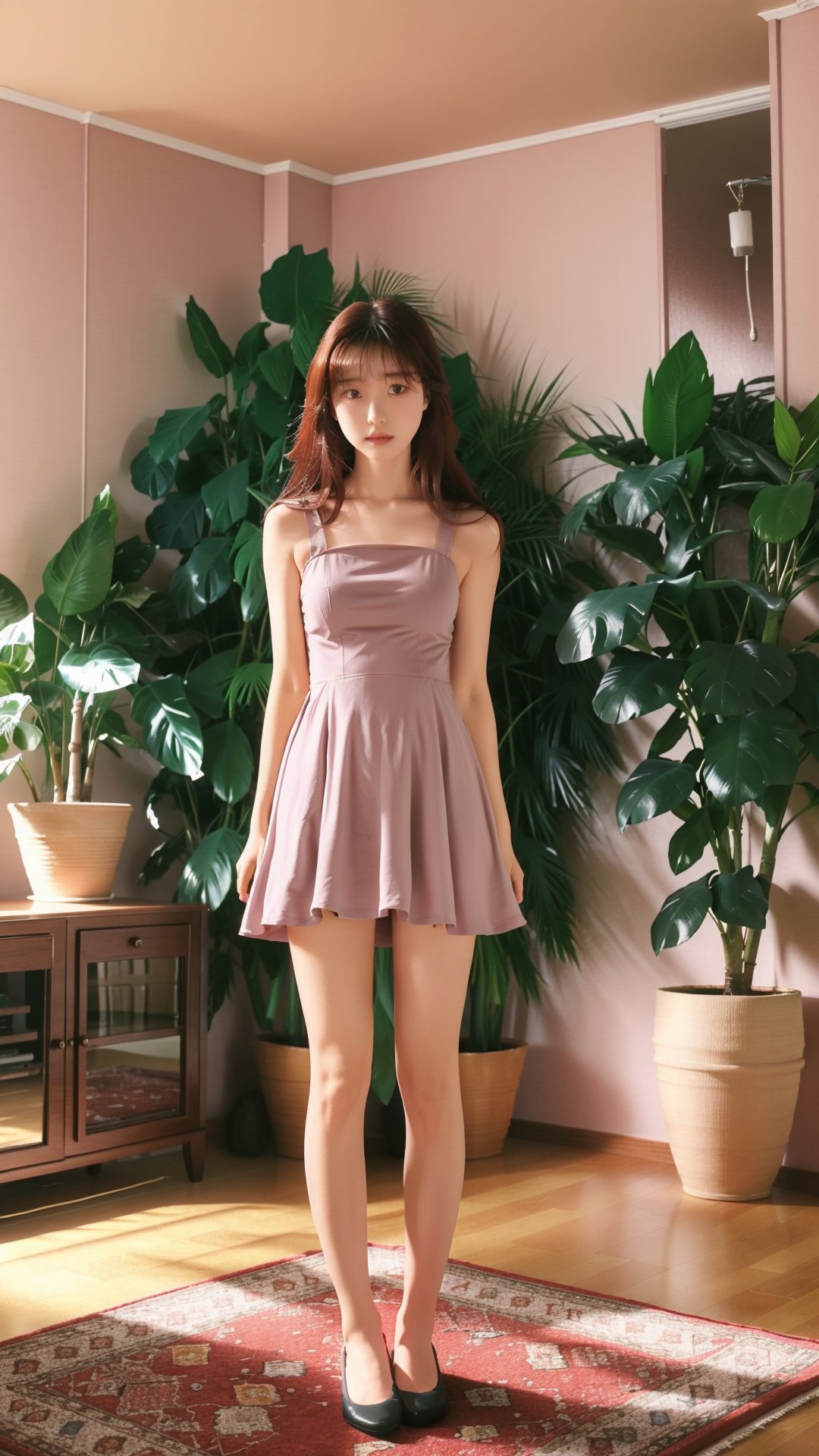 1girl, solo, sexy, symmetrical clothing, full body, living room, indoor plants, wearing a tight muted color dress, taut dress, bloomers,  long hair, correct_anatomy