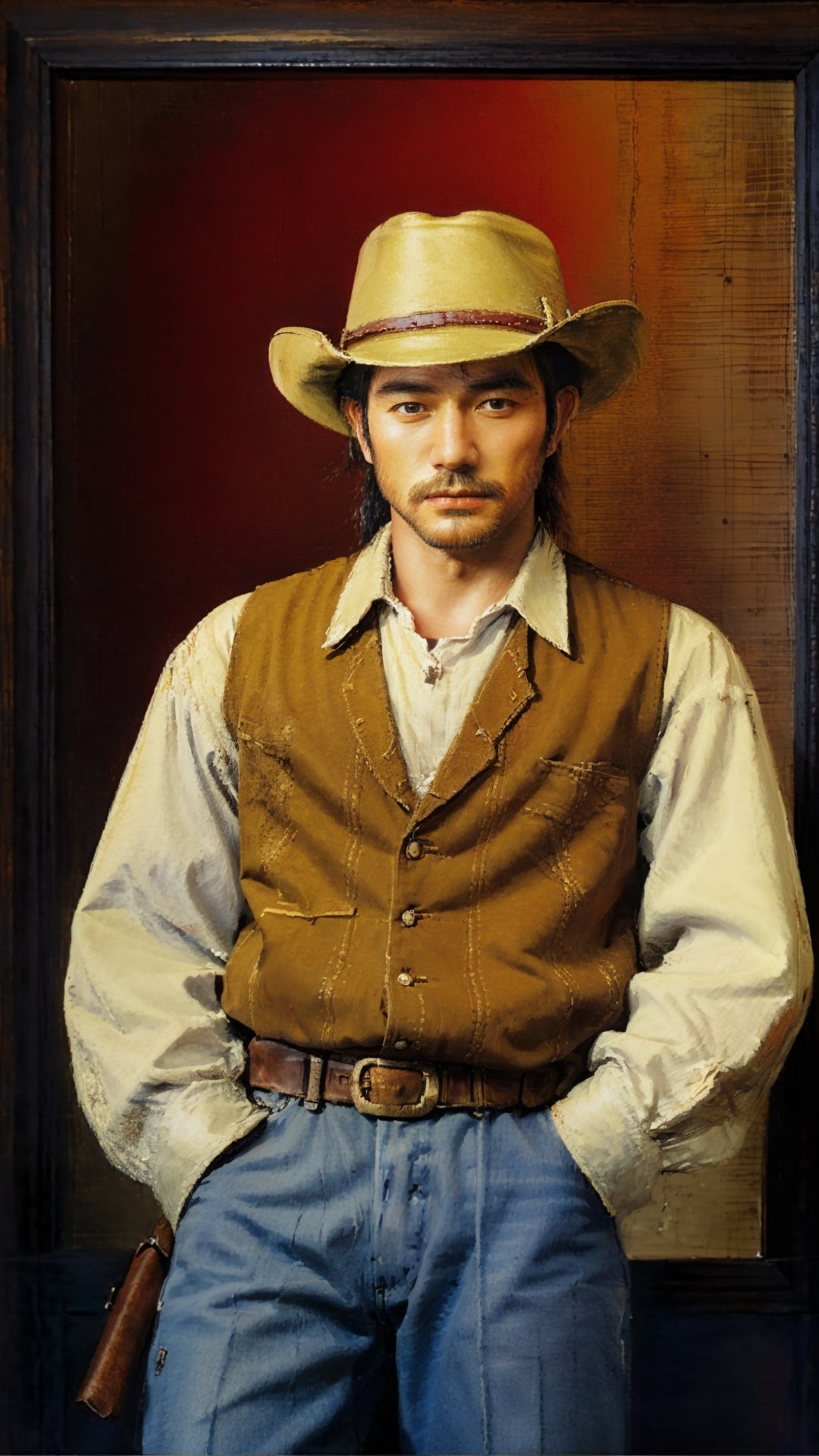 masterpiece, (cowboy in Red Dead Revolver), cowboy hat, best quality, oil painting style, golden frame