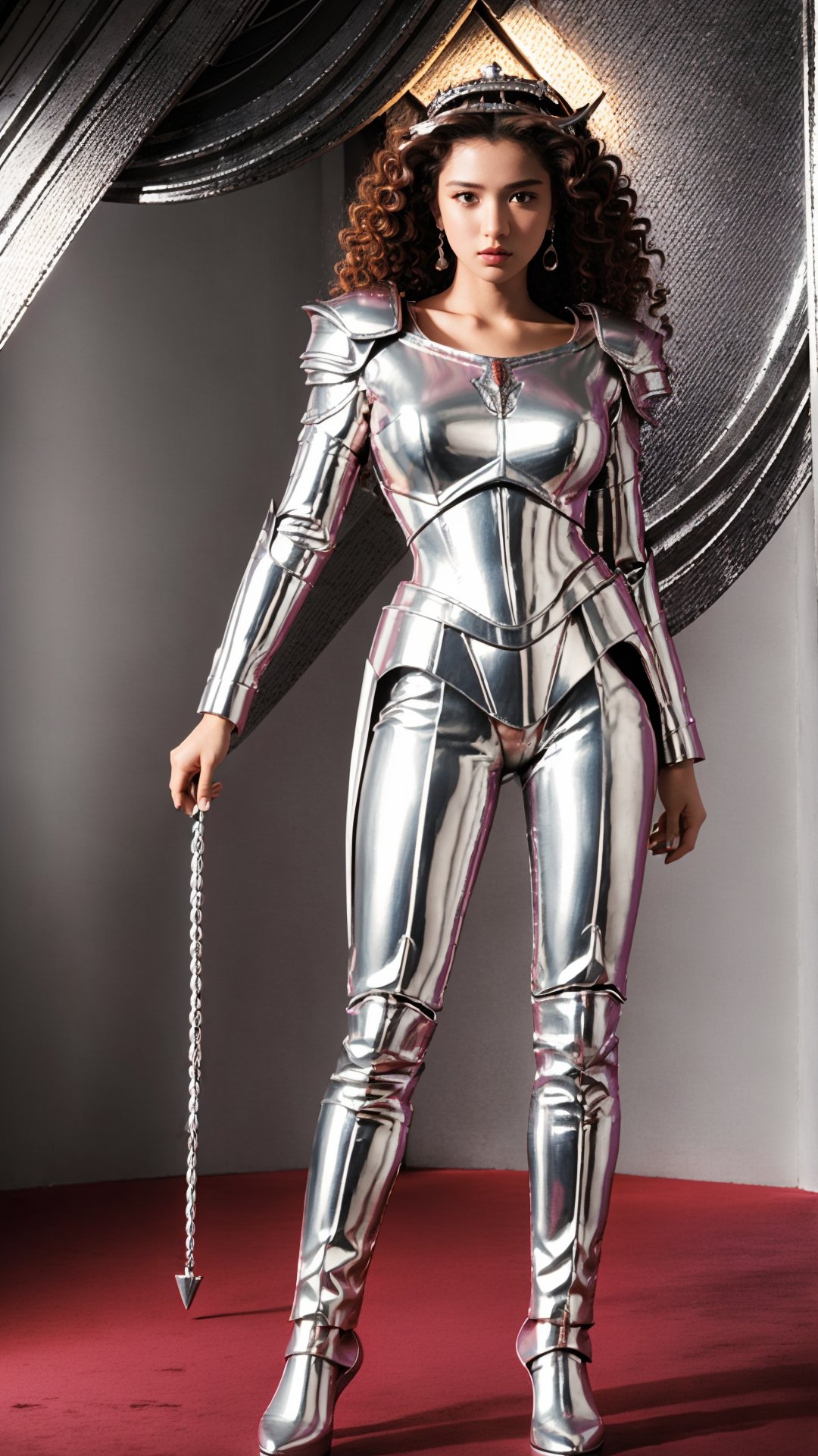1girl, full body, high-end fashion photoshoot, game potrait of Gorgeous goddess Athena, silver platinum curly hair, attractive, charming, hot body, radiant, grace, battle suit, shoulder armor, domineering, dominant_female, big_breasts, 4k,High detailed, beauty, amazing, ruby tiara, dramatic shadows, nighttime, cityscape