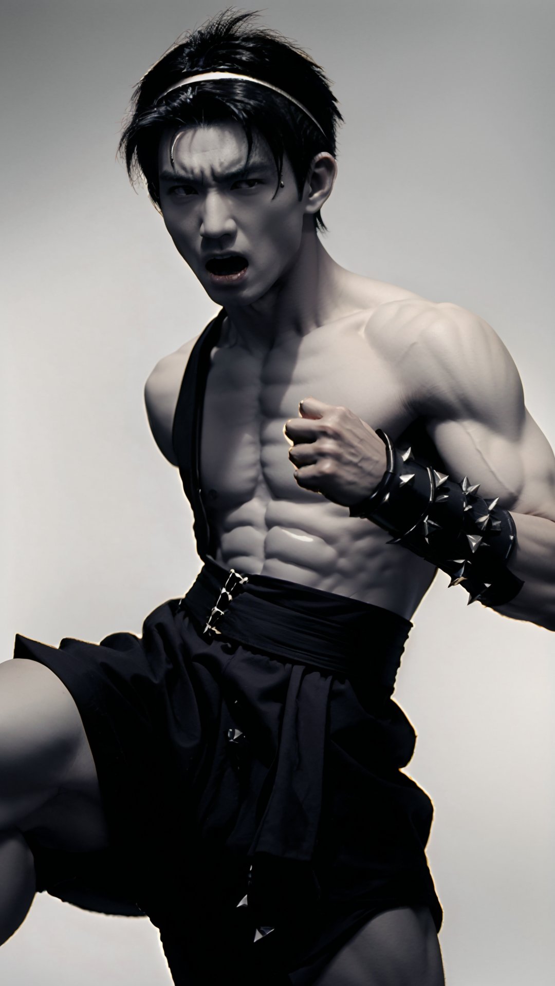unique style, handsome martial artist male, short spiky hair, very tall, martial arts headband, dnd monk, angry face yelling, wearing open shirt. fit body six pack, wearing iron gauntlets, monochrome, white background, monochrome, white background,nestskyo