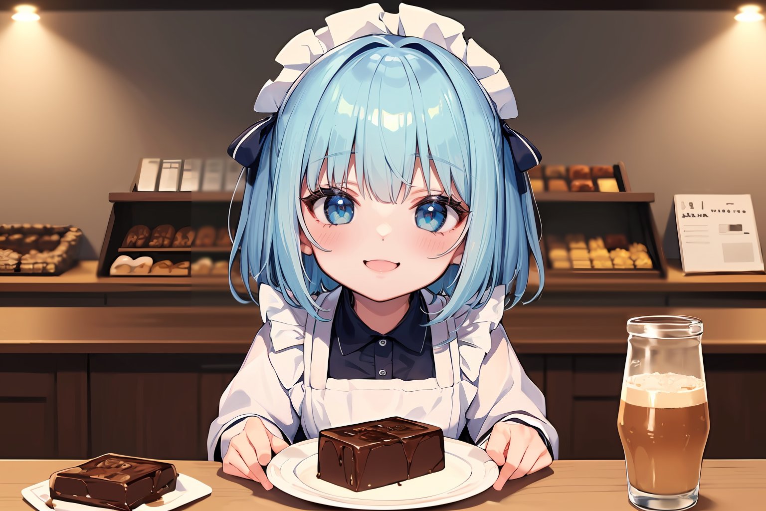 ((masterpiece, best quality, absurdres, highres, ultra detailed, high resolution, very fine 8KCG wallpapers)), 1 girl, solo, short hair, cyan hair, blue eyes, bangs, smile, apron, upper body, looking at viewer, chocolate specialty shop, many types of chocolate are lined up behind the counter table, chocolaterie, on the counter table is a plate with chocolates for sampling,