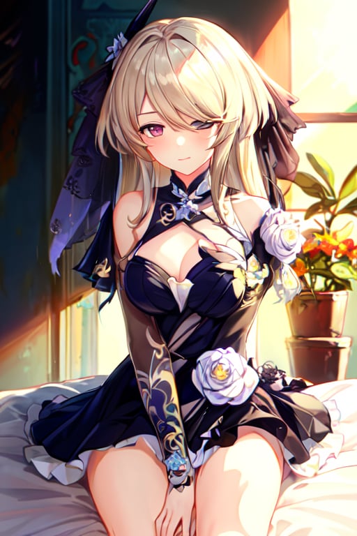 rita, rita rosswiesse, full dress, in room, sitting, hand crossed, flower on hair, smile, bangs, one eye hidden with hairs, blonde, hottie, adult