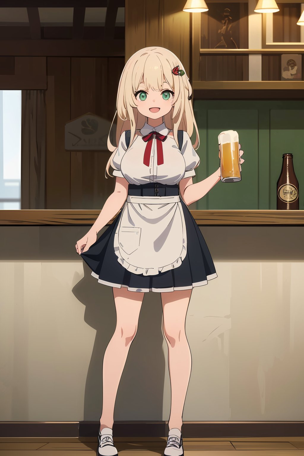 ((masterpiece,  best quality,  absurdres,  highres,  ultra detailed,  high resolution,  very fine 8KCG wallpapers)),  1 girl,  solo,  long hair,  blonde hair,  green eyes,  swept bangs,  hair ornament,  smile,  :D,  large breasts,  half apron,  hairpin,  white shirt,  green skirt,  brown shoes,  beer hall waitress,  beer hall,<lora:EMS-3262-EMS:1.000000>