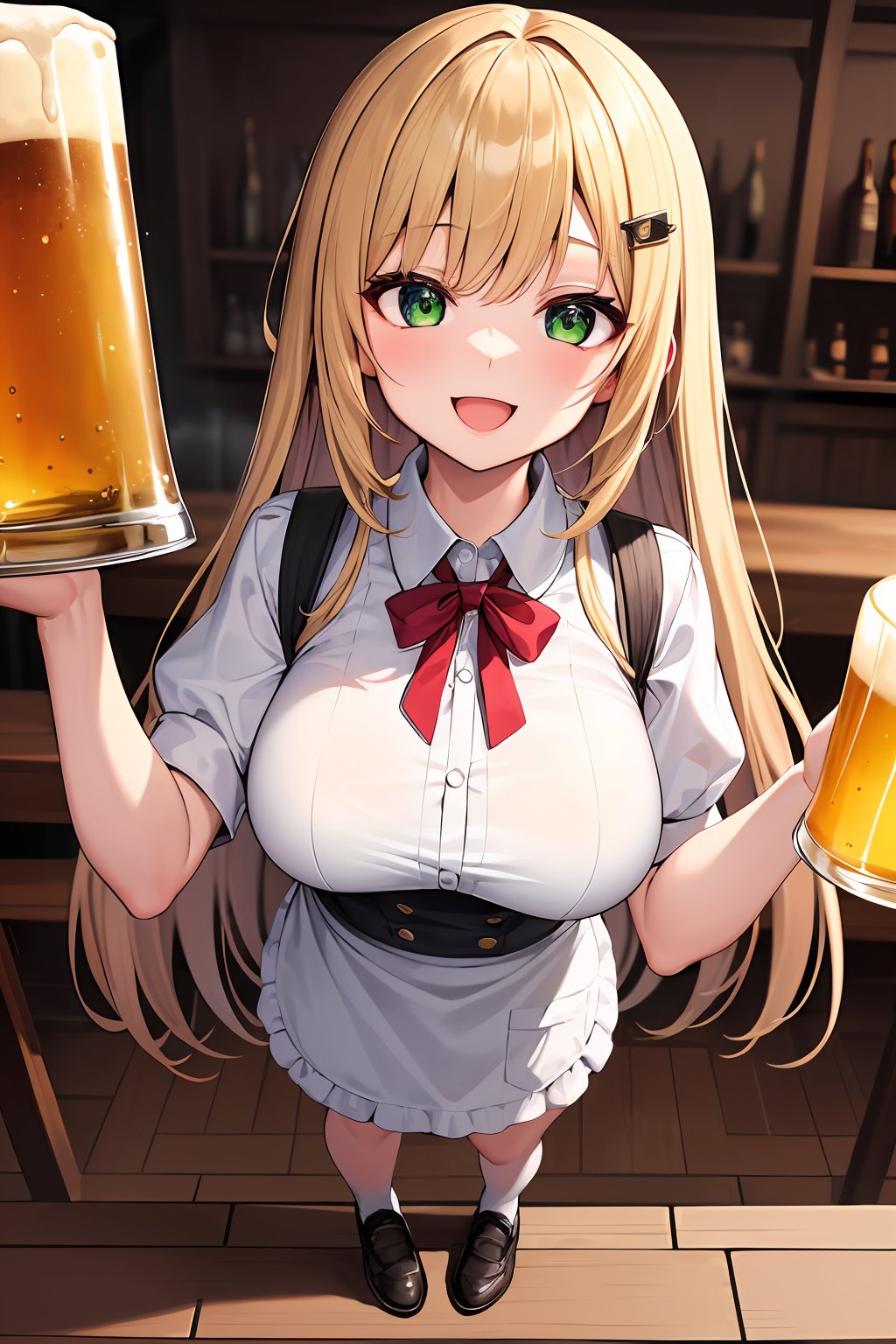 ((masterpiece,  best quality,  absurdres,  highres,  ultra detailed,  high resolution,  very fine 8KCG wallpapers)),  1 girl,  solo,  long hair,  blonde hair,  green eyes,  swept bangs,  hair ornament,  smile,  :D,  large breasts,  half apron,  hairpin,  white shirt,  green skirt,  brown shoes,  beer hall waitress,  beer hall,  nice hands,  perfect hands,<lora:EMS-3262-EMS:1.000000>