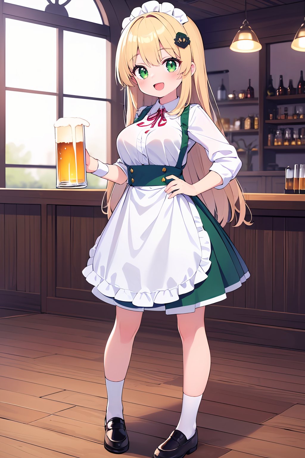 ((masterpiece,  best quality,  absurdres,  highres,  ultra detailed,  high resolution,  very fine 8KCG wallpapers)),  1 girl,  solo,  long hair,  blonde hair,  green eyes,  swept bangs,  hair ornament,  smile,  :D,  large breasts,  half apron,  hairpin,  white shirt,  green skirt,  brown shoes,  beer hall waitress,  beer hall