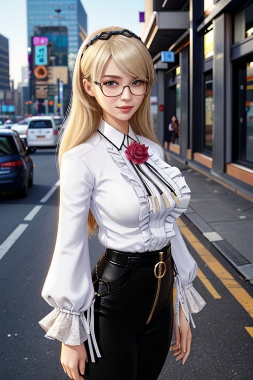 rita, rita rosswiesse, white shirt, black pant, full dress, in city, asian, hand crossed, flower on hair, smile, bangs, one eye hidden with hairs, blonde, hottie, adult, pantyhose, morning scene, glasses, goggles