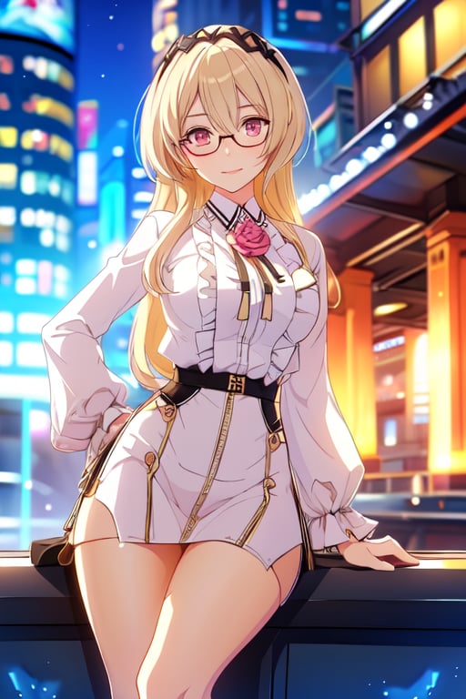 rita, rita rosswiesse, white shirt, black pant, full dress, in city, asian, hand crossed, flower on hair, smile, bangs, one eye hidden with hairs, blonde, hottie, adult, pantyhose, morning scene, glasses, goggles,Girl